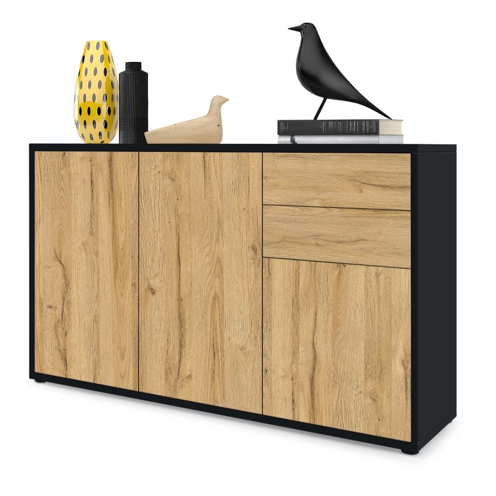Kommode Ben V3  mit 3 Türen und 2 Schubladen Schwarz matt/Eiche Natur (117 x 74 x 36 cm)