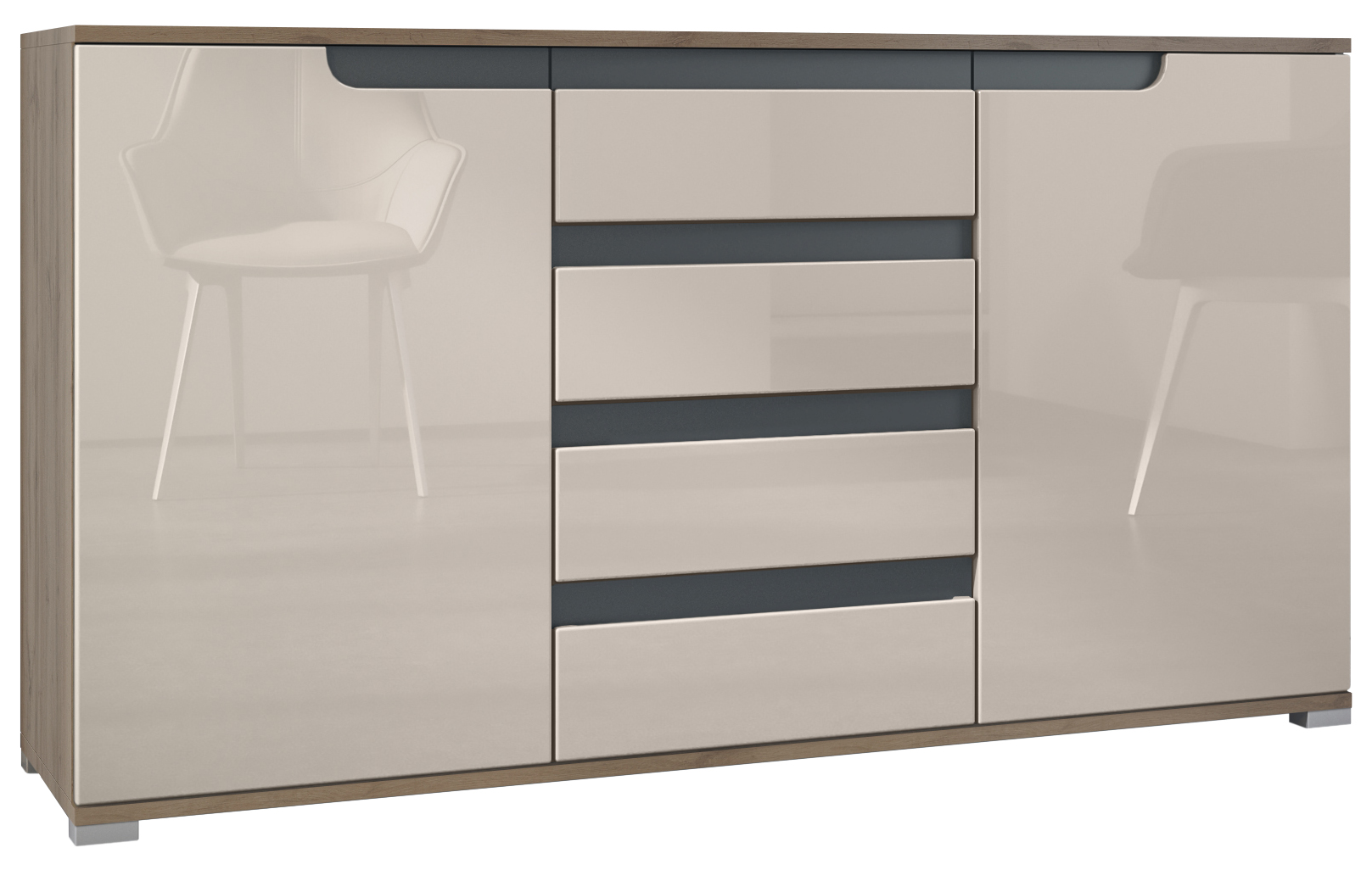 Sideboard Sylt V1 Eiche Evoke Korpus - Eiche Evoke / Front - Sandgrau Hochglanz Absetzung - Anthrazit matt (138,5 x 75,5 x 35 cm)