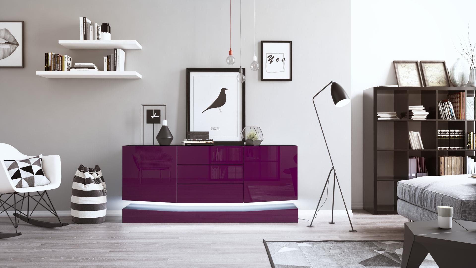 Sideboard City und 3 Schubladen inkl. LED-Beleuchtung,  Schwarz matt/Brombeer Hochglanz (178 x 72 x 38 cm)