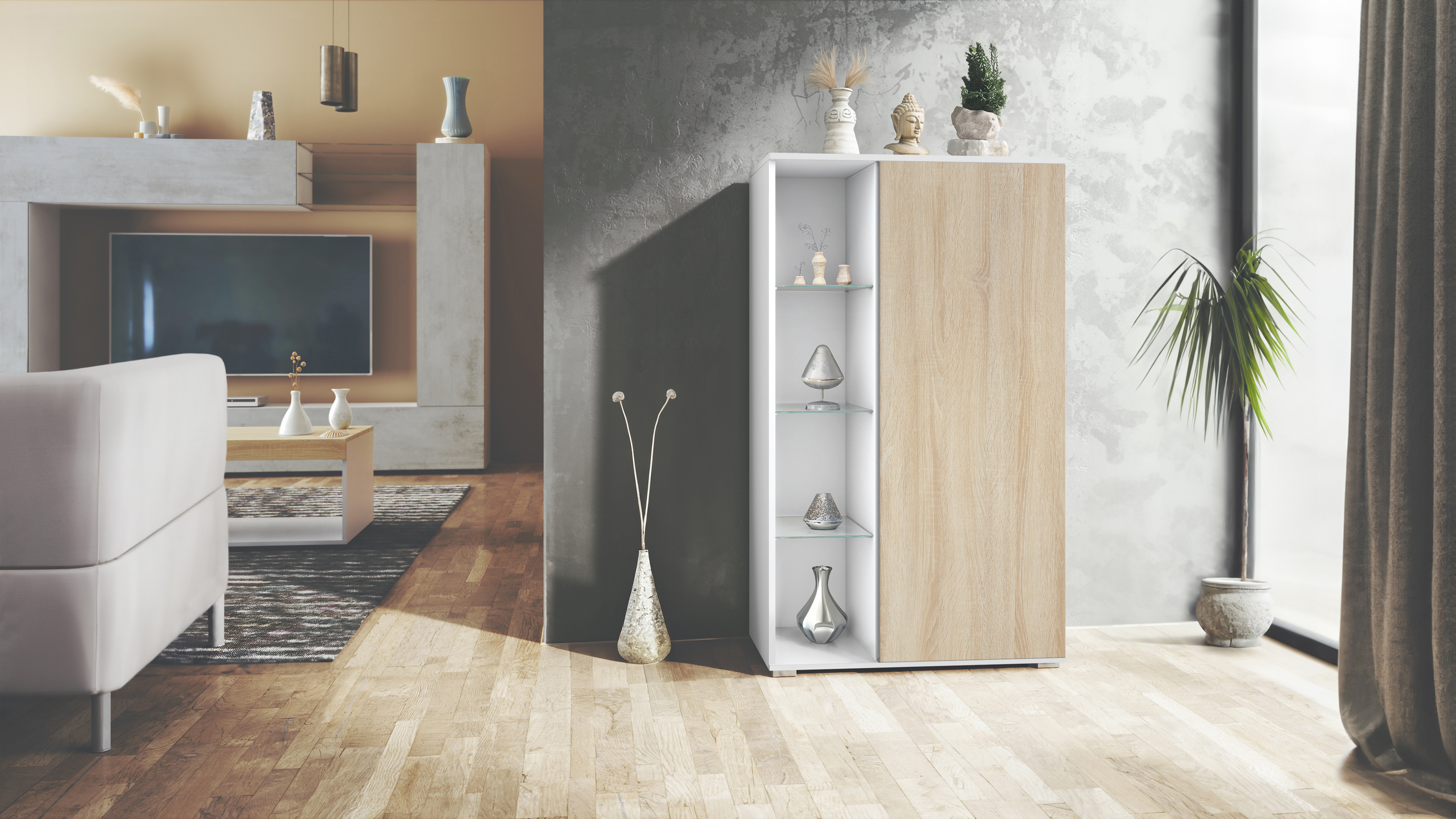 Vitrine Davos mit 3 Glasböden und 8 Fächer Weiß matt/Eiche sägerau (71,5 x 134 x 35 cm)