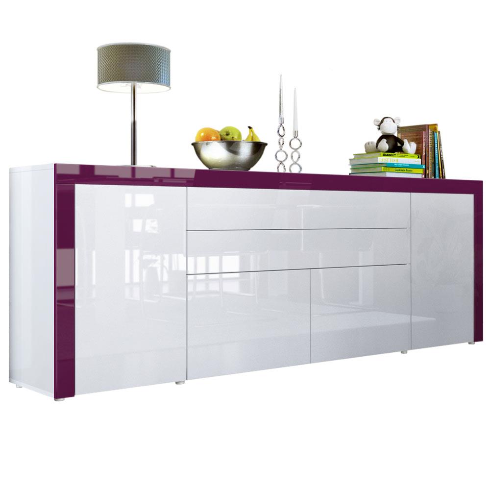 Sideboard La Paz V2 mit 2 Türen, 2 Schubkästen und 2 Klappen Weiß Hochglanz/Brombeer Hochglanz (200 x 72 x 35 cm)