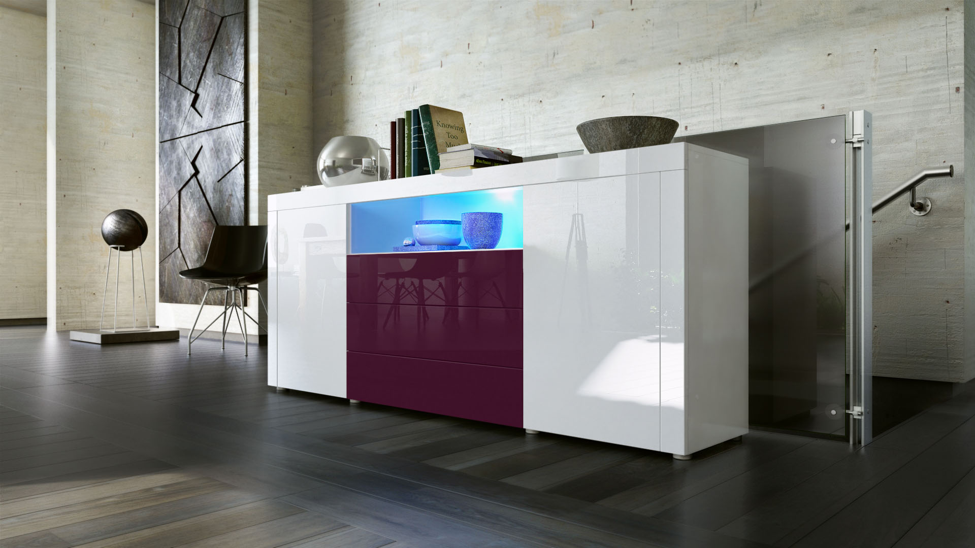 Sideboard Santiago mit 2 großen Türen und 3 Schubladen Weiß Hochglanz/Brombeer Hochglanz (167 x 72 x 35 cm)