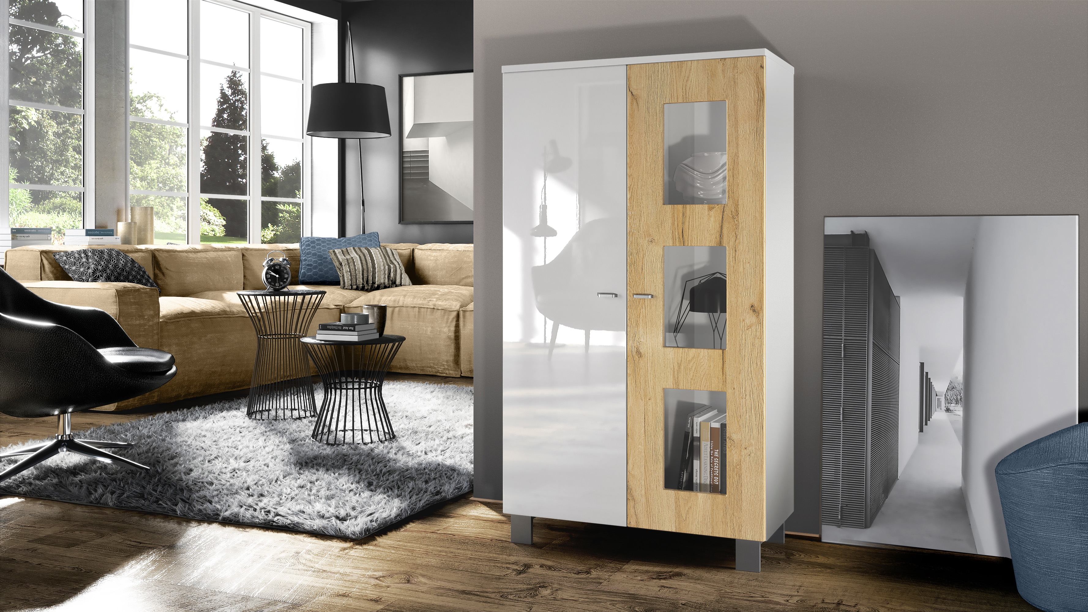 Vitrine Denjo  mit 2 Türen und 3 Glaseinsätzen Weiß matt/ Weiß Hochglanz/ Eiche Natur (71 x 129 x 35 cm)