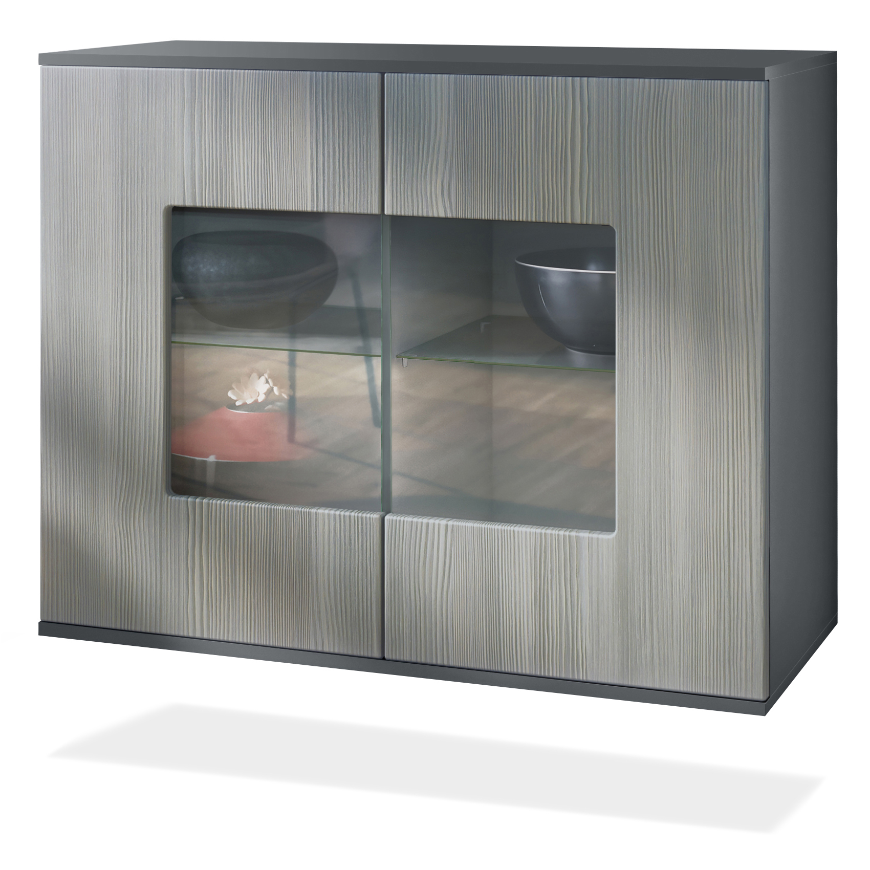 Grömitz V3 Kommode Anthrazit mit 2 großen Glastüren Anthrazit matt / Avola-Anthrazit (92,5 x 73.5 x 35)