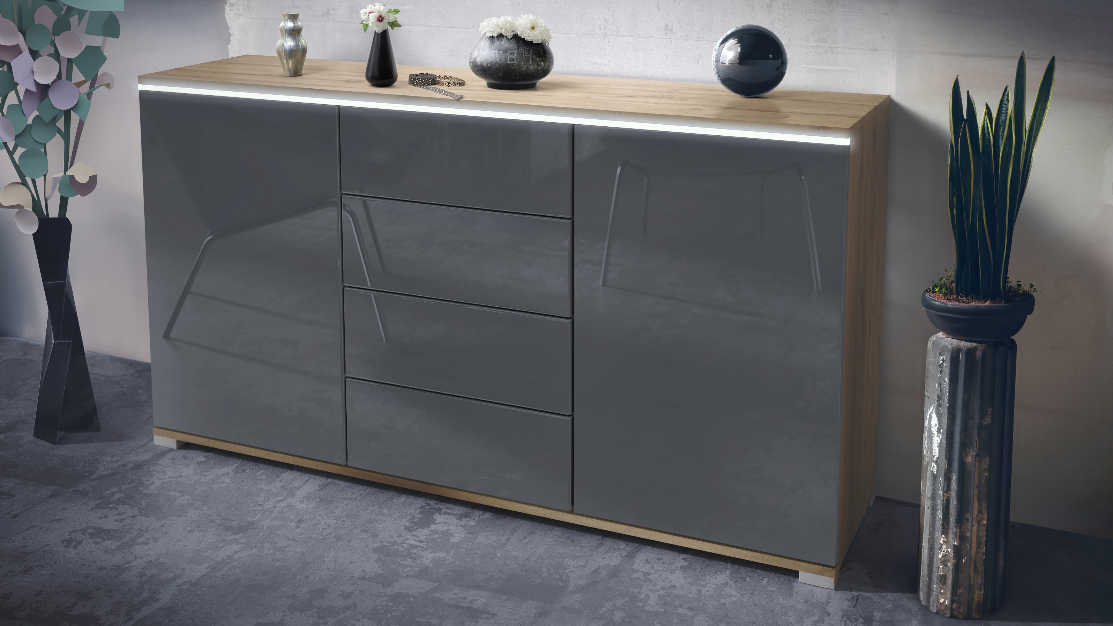 Sideboard Faro V1 Eiche Evoke Schrank mit LED Lichtleiste Eiche Evoke / Grau Hochglanz (138,5 x 75,5 x 35)