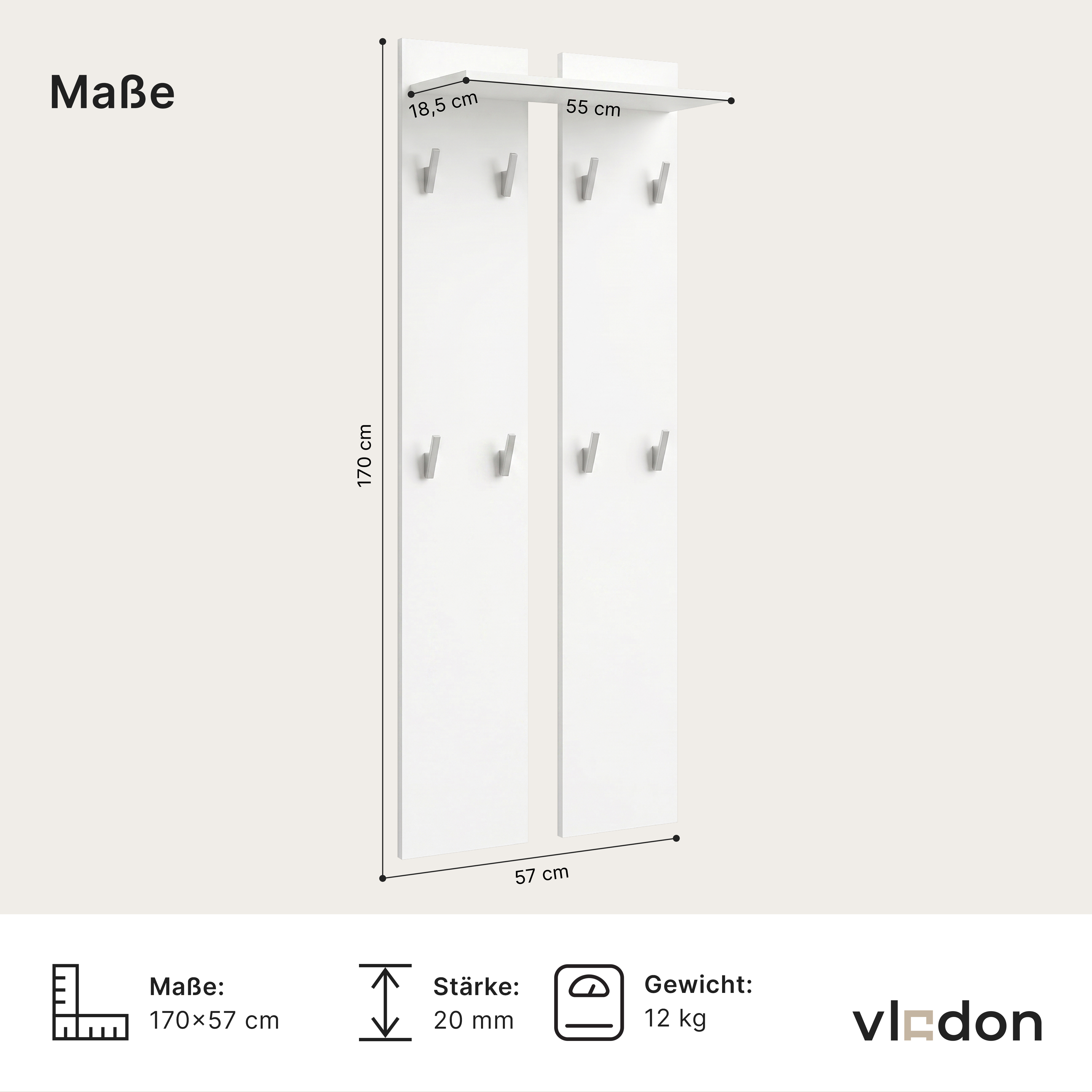 Wandpaneel 170  bestehend aus 2 Paneelen und 1 Ablagefläche Beton Oxid Optik (57 x 170 x 20 cm)