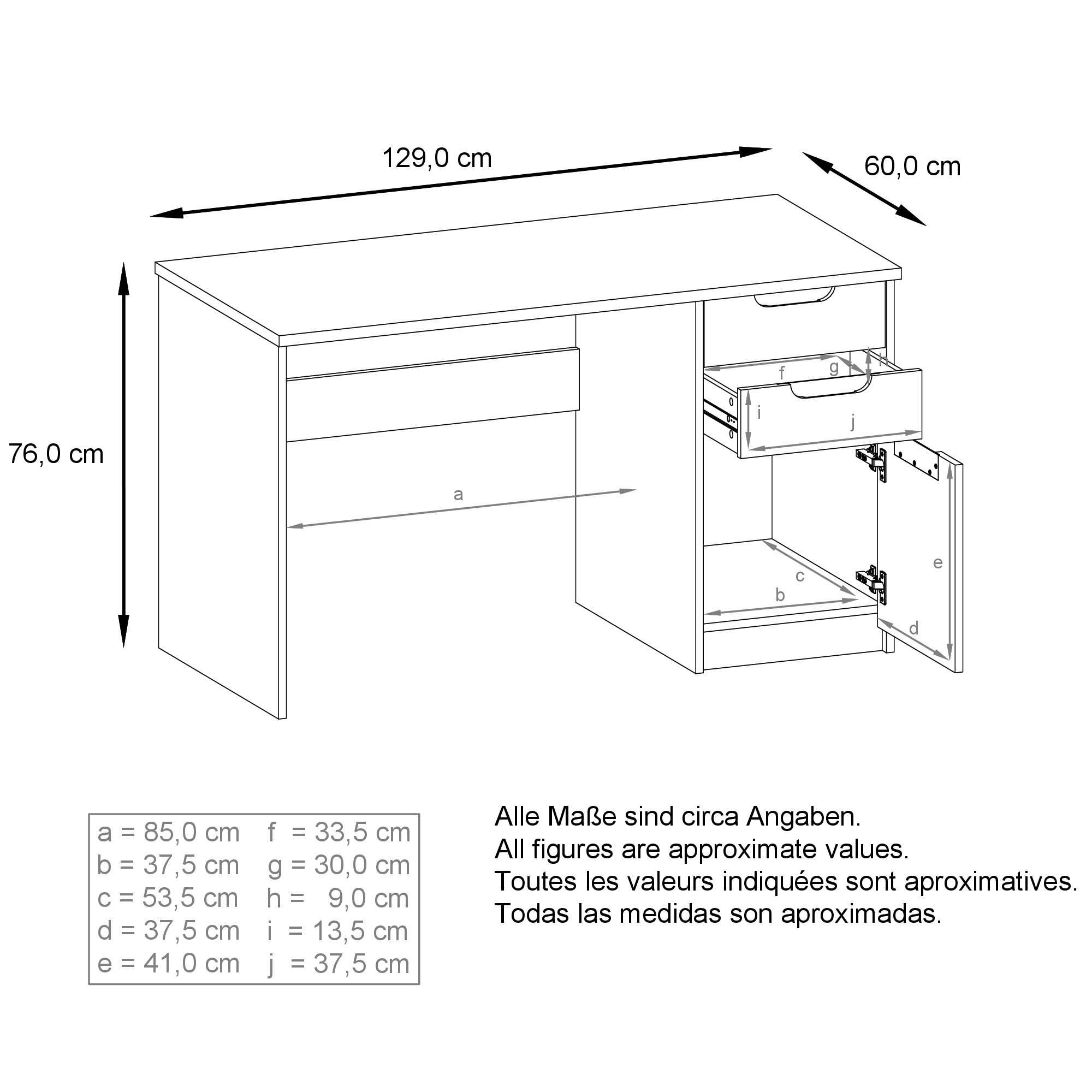 Schreibtisch Logan  mit 2 Schubladen und 1 Tür Schwarz matt/Beton Oxid Optik (129 x 76 x 60 cm)