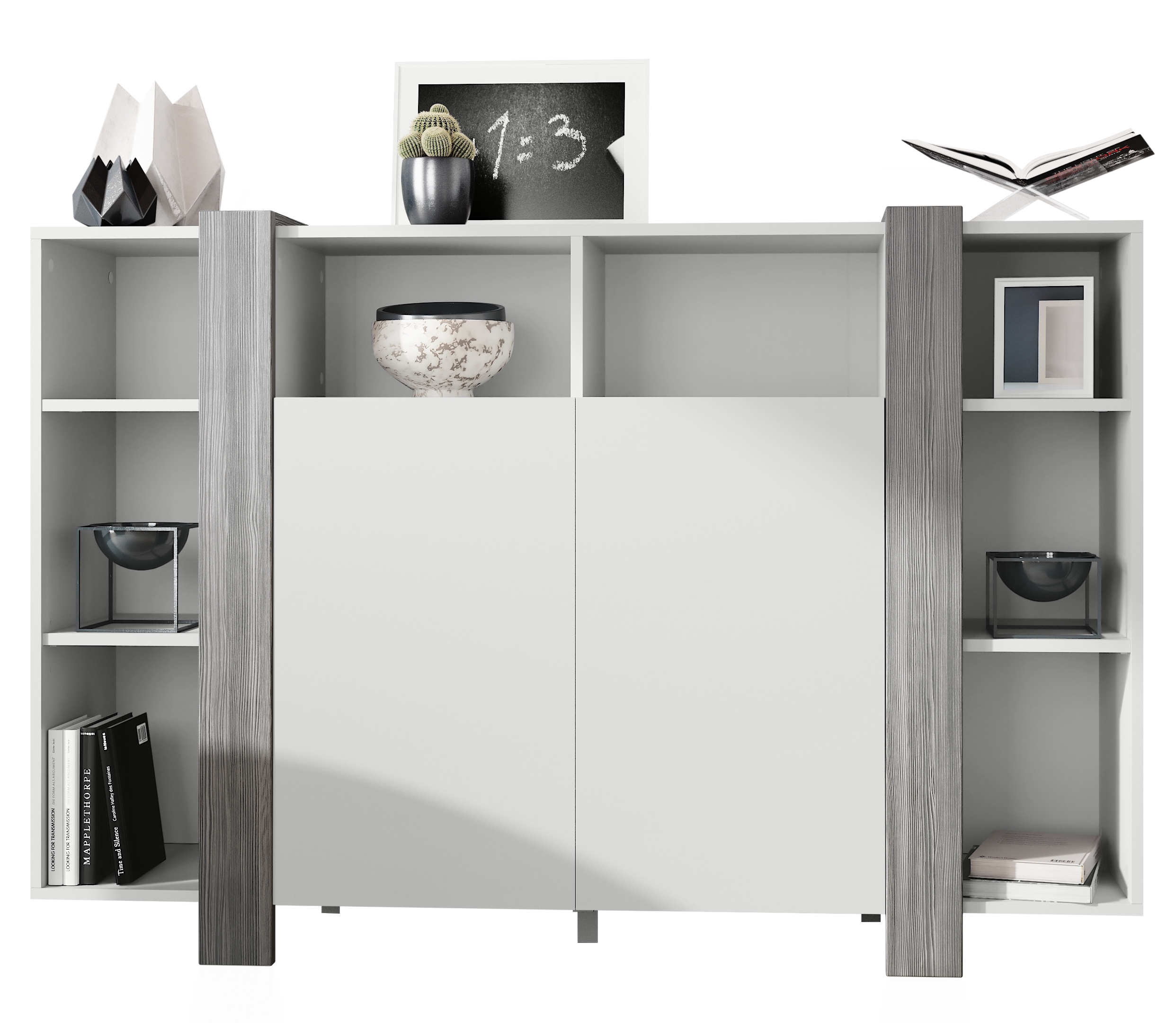 Highboard Ida V1 Weiß mit 2 Türen und 8 offene Fächer Weiß matt/Avola-Anthrazit (149 x 101 x 34 cm)