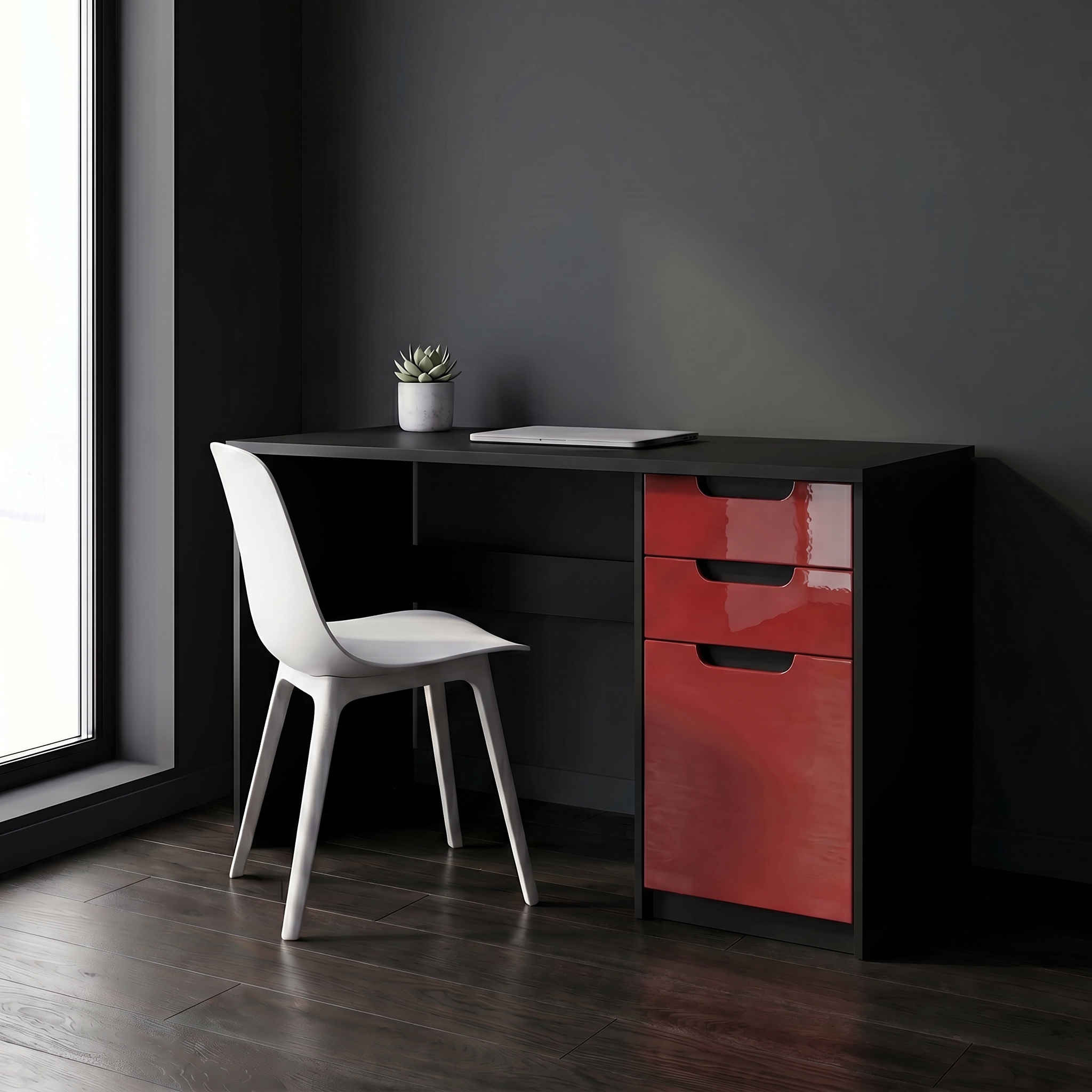 Schreibtisch Logan mit 2 Schubladen und 1 Tür Schwarz matt/Bordeaux Hochglanz (129 x 76 x 60 cm)