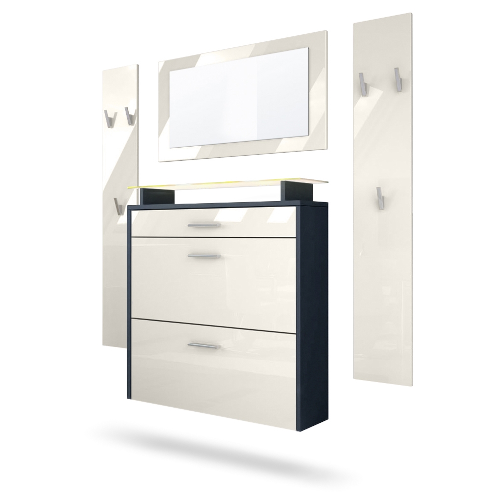 Garderobenset Malea 1 Wandspiegel und 2 Garderobenpaneele Anthrazit matt/Creme Hochglanz, inkl. LED-Beleuchtung RGB