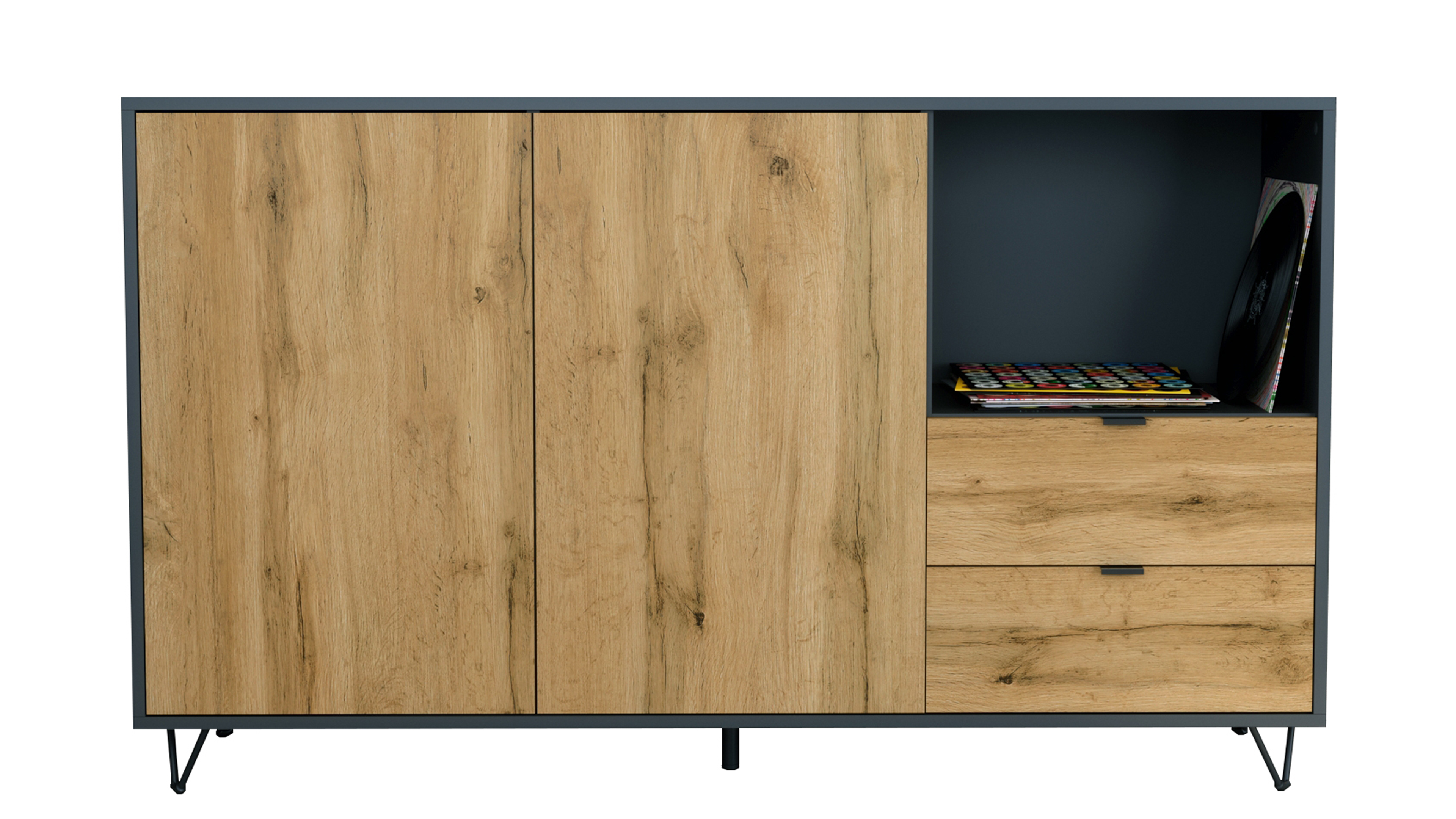 Sideboard Marino  2 Schubladen Eiche Evoke, Made in Germany Korpus Anthrazit matt (152,5 x 90,5 x 37 cm)

