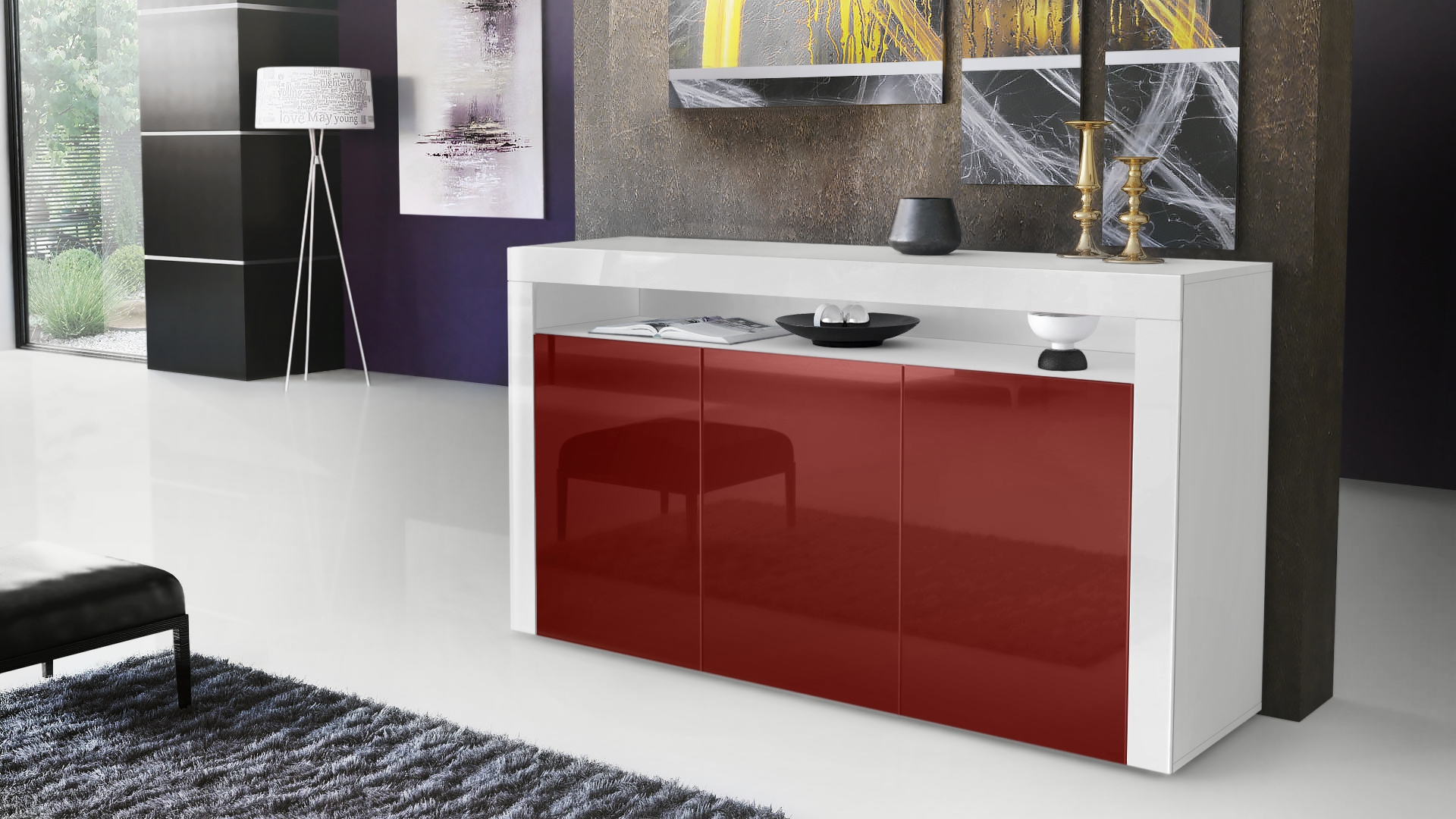 Sideboard Valencia mit 3 Türen und 1 offenem Fach Weiß / Bordeaux Hochglanz/ (155 x 92 x 40 cm)