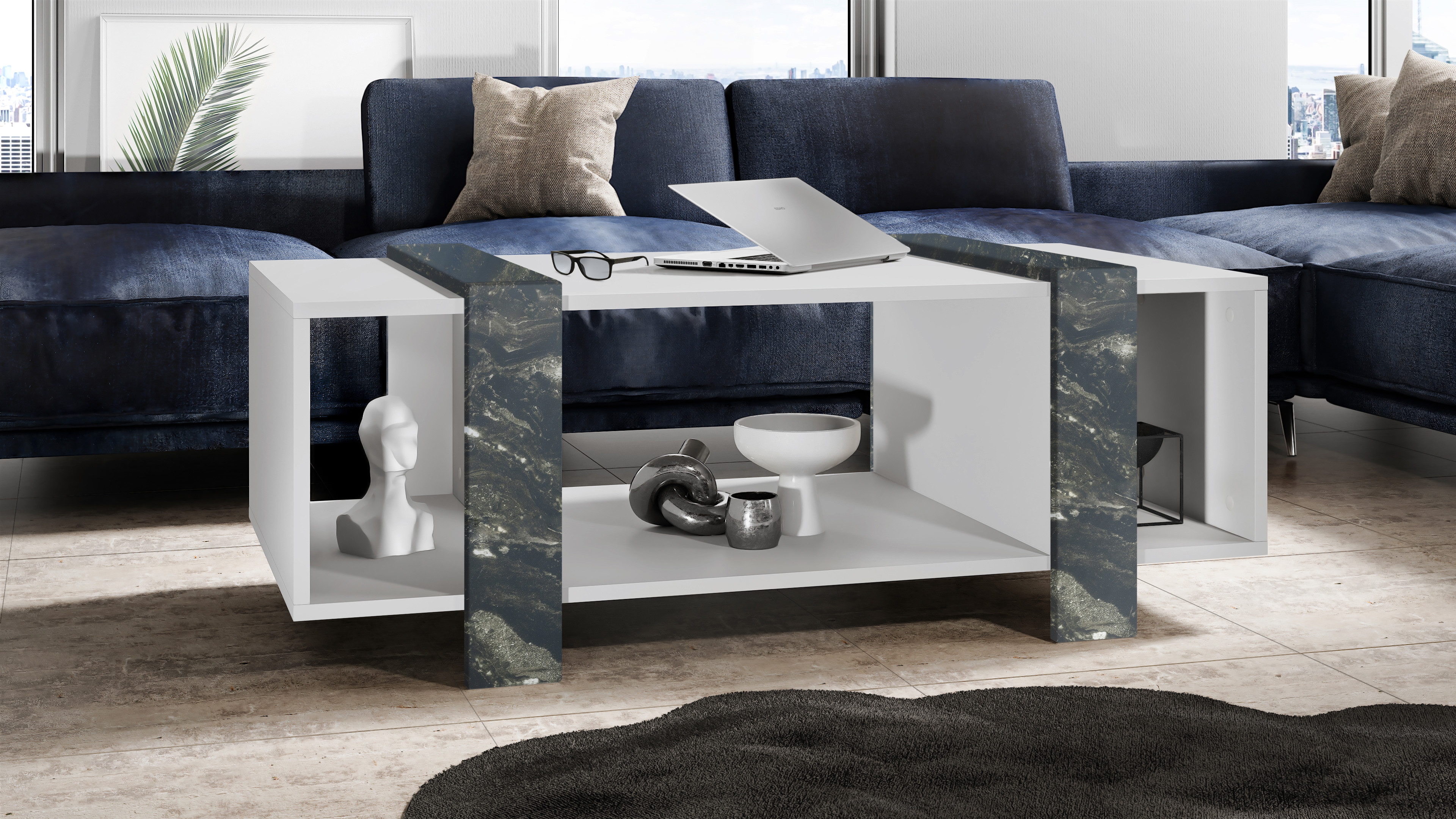 Couchtisch Ida  mit drei Fächern Weiß matt/Marmor Graphit (110,5 x 42 x 56,5 cm)