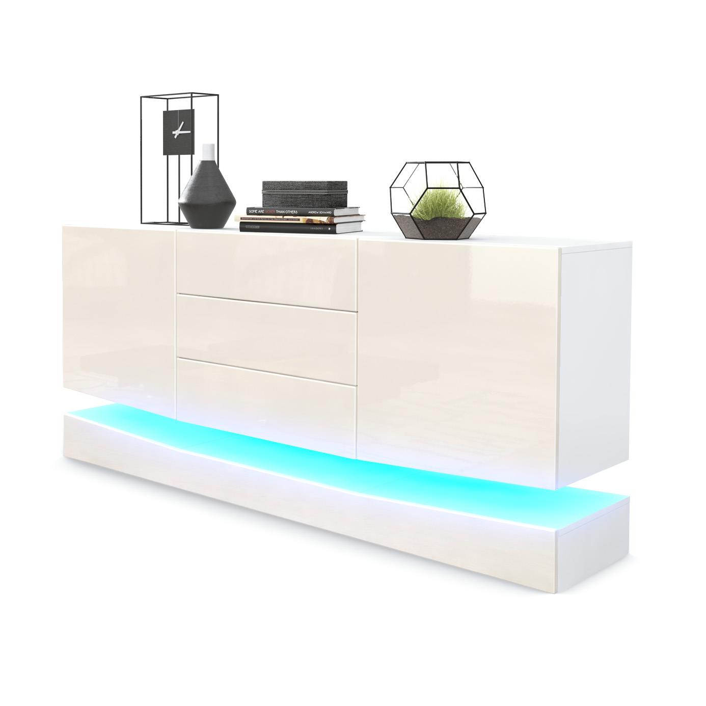 Sideboard City und 3 Schubladen inkl. LED-Beleuchtung,  Weiß matt/Creme Hochglanz (178 x 72 x 38 cm)