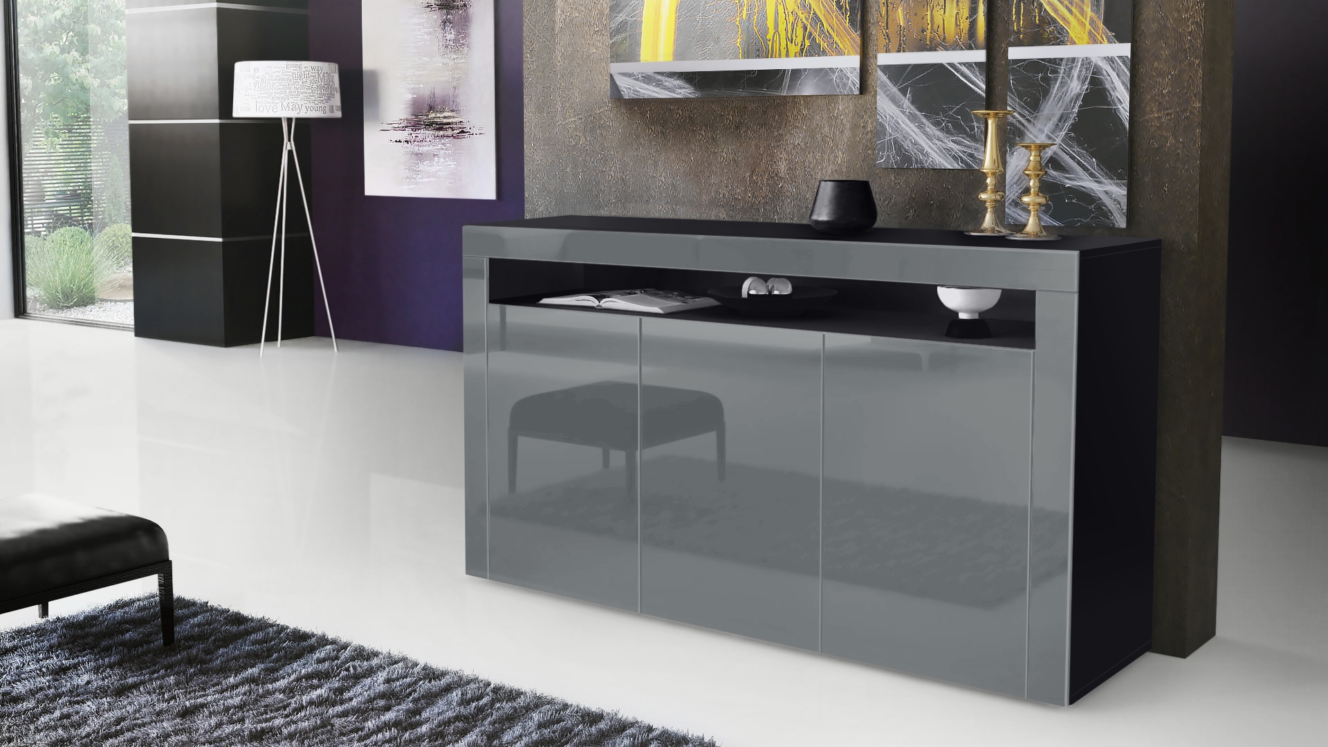 Sideboard Valencia mit 3 Türen und 1 offenem Fach Schwarz matt/Grau Hochglanz/Grau Hochglanz (155 x 92 x 40 cm)
