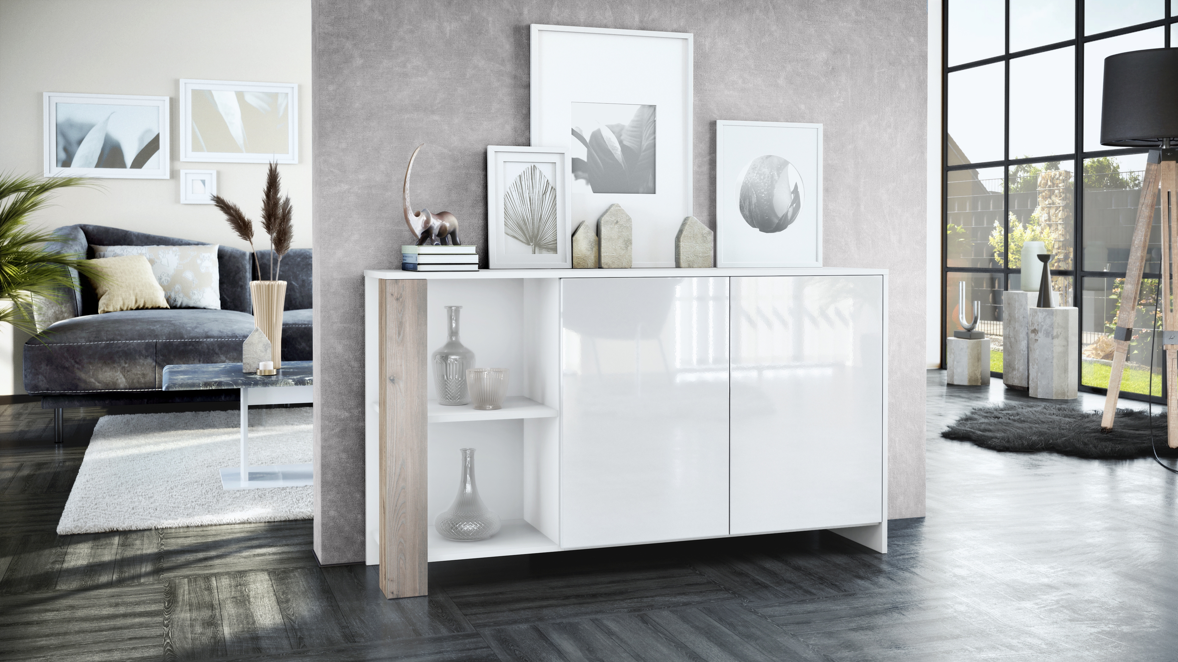 Sideboard Canto mit 2 Türen und 6 Fächern Weiß matt, Weiß Hochglanz, Eiche Nordic