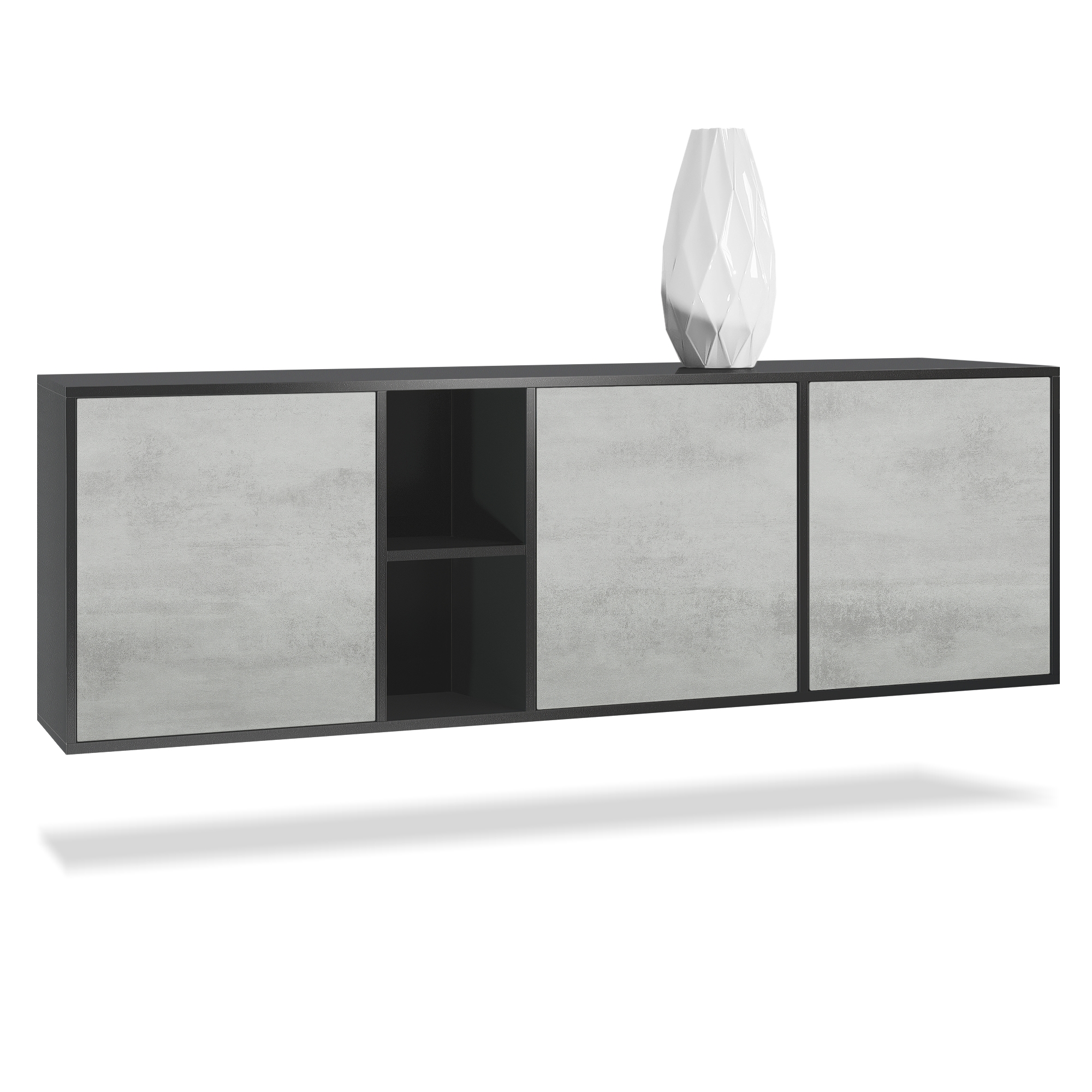 Sideboard Cuba  mit 3 Türen und 2 offene Fächer Schwarz matt/Beton Oxid Optik (182 x 53 x 35 cm)