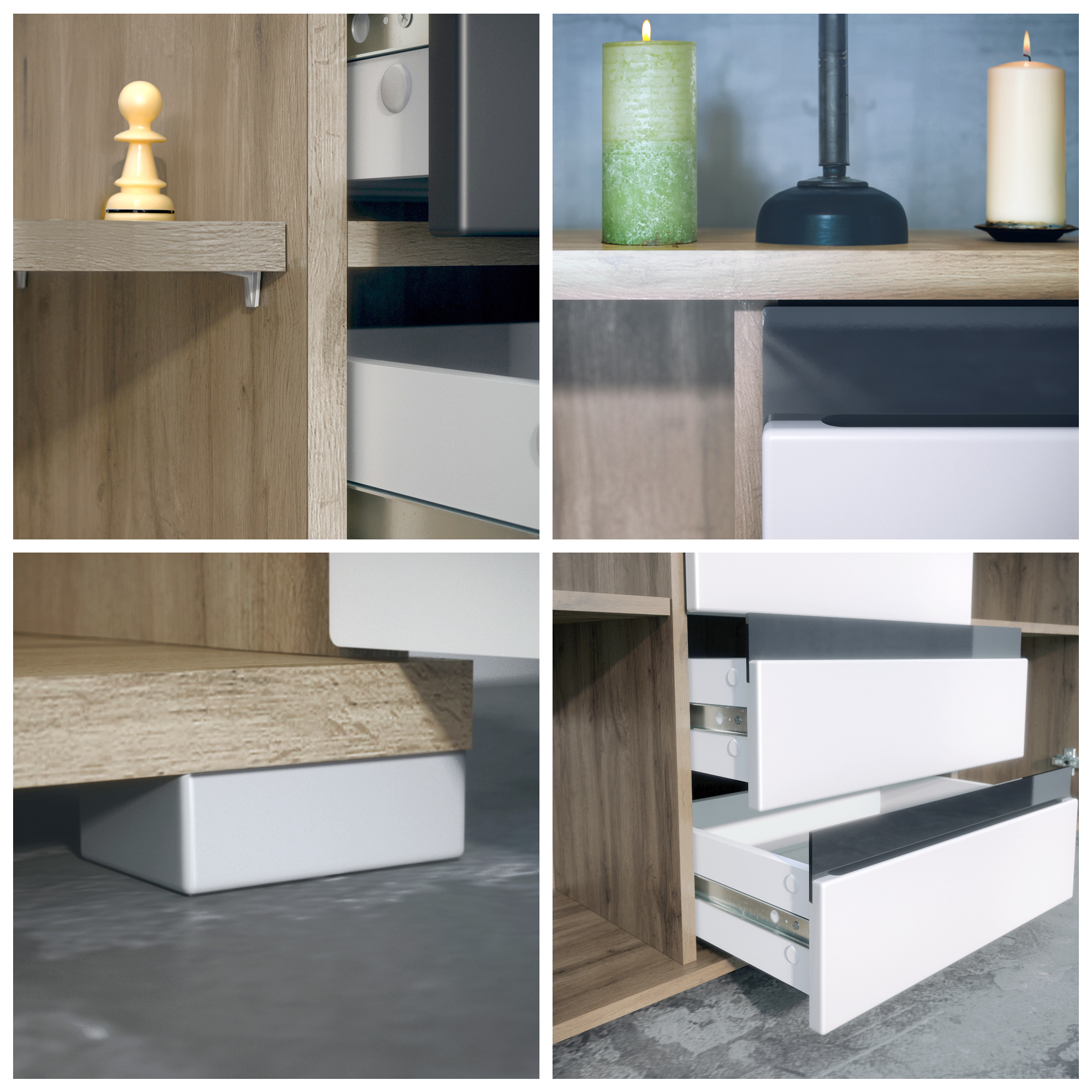 Sideboard Sylt V1 Eiche Evoke Korpus - Eiche Evoke / Front - Sandgrau Hochglanz Absetzung - Anthrazit matt (138,5 x 75,5 x 35 cm)