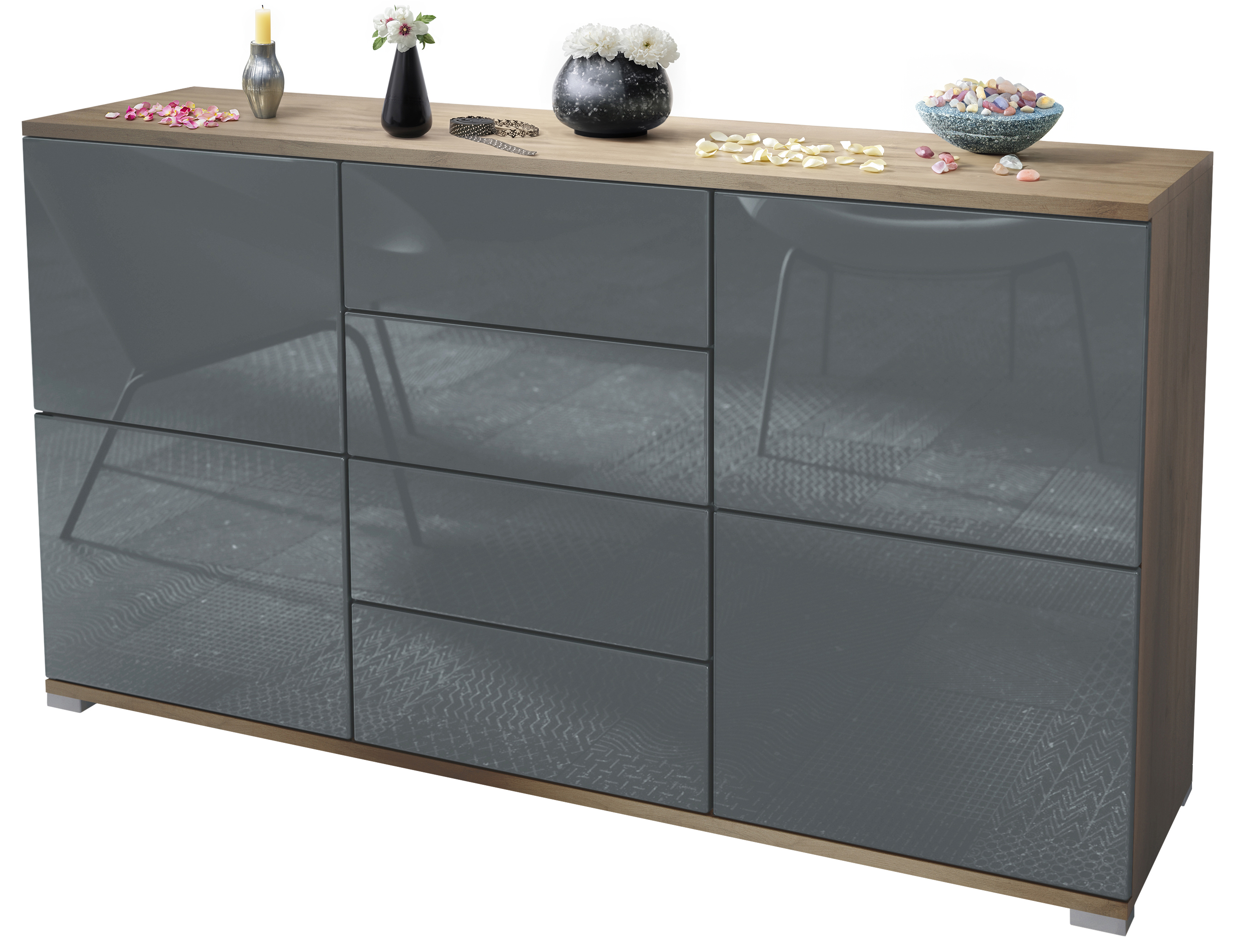 Sideboard Rova V1 4 Schubladen, Made in Germany, Eiche Evoke/Grau Hochglanz (138,5 x 75,5 x 35)