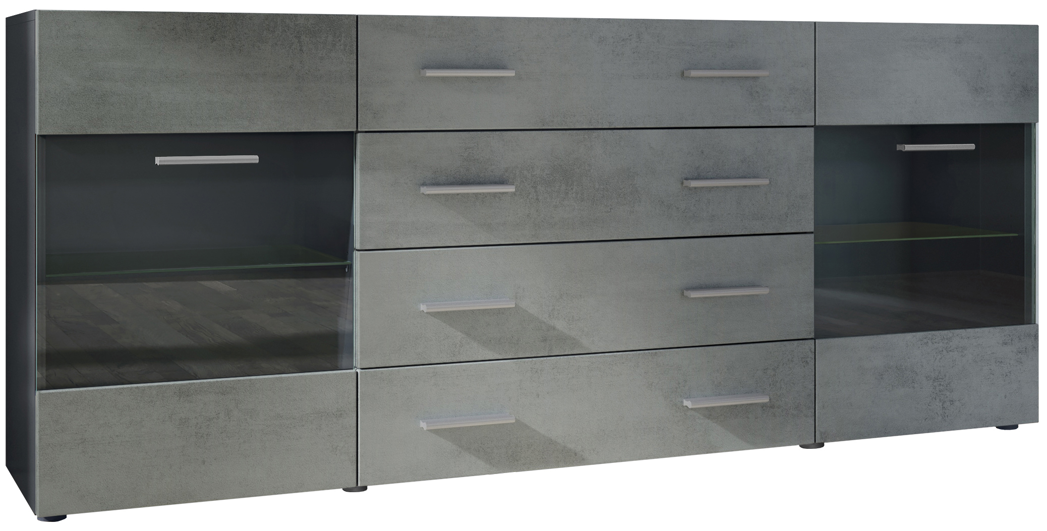 Sideboard Bari V2 4 Schubladen und 2 flexible Glaseinlegeböden Schwarz matt/Beton Dunkel Optik (166 x 72 x 35)