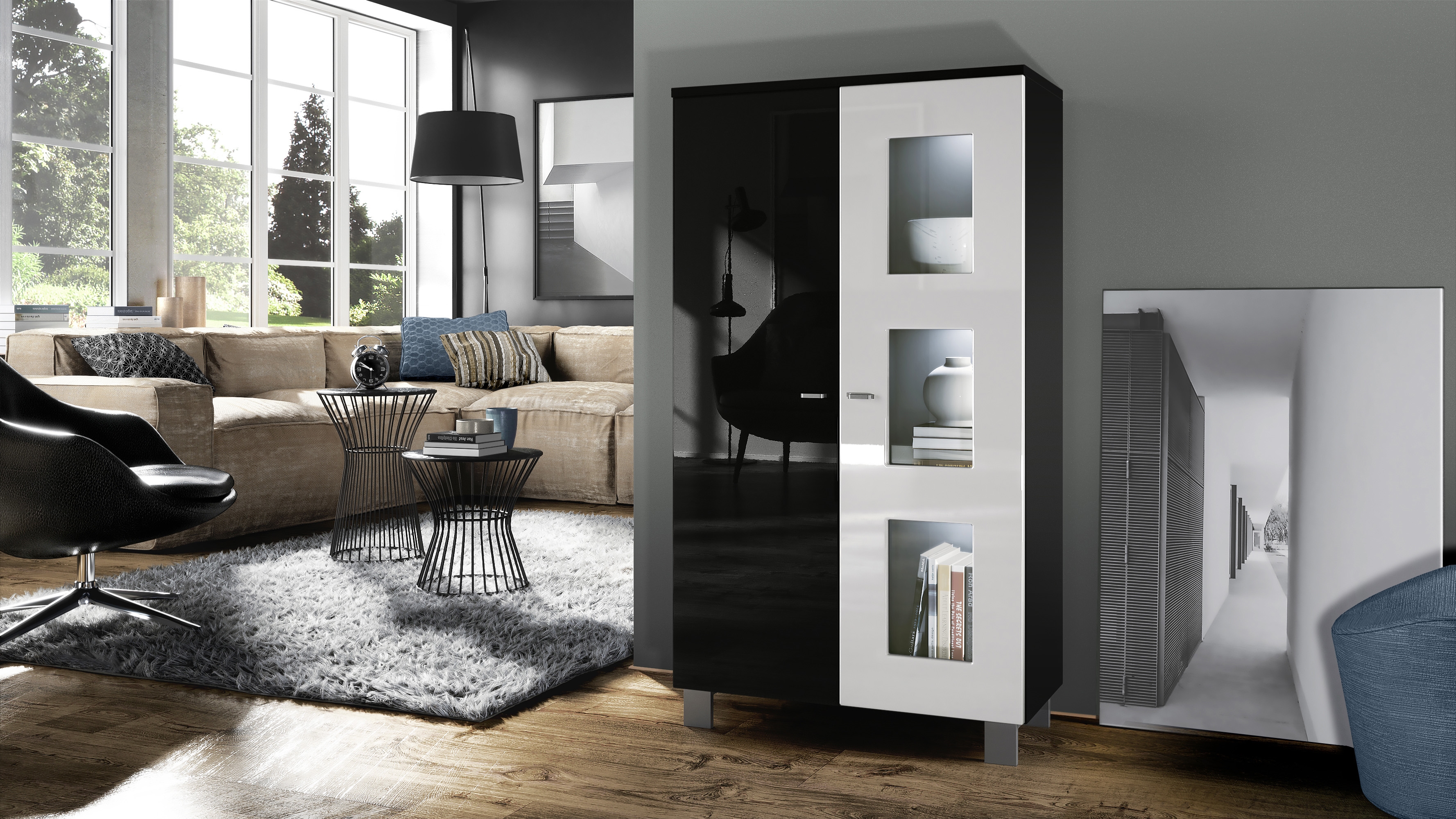 Vitrine Denjo  mit 2 Türen und 3 Glaseinsätzen Schwarz matt&glänzend/ Weiß glänzend mit Beleuchtung (71x129x35 cm)
