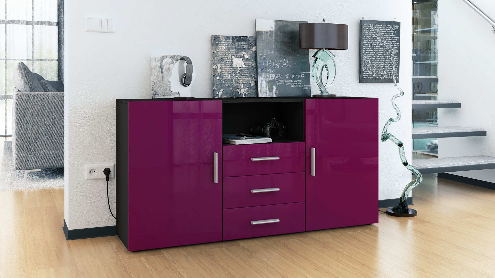 Sideboard Skadu  mit 2 Türen, 3 Schubladen und 1 offenem Fach Schwarz matt/Brombeer Hochglanz (138,5 x 71,5 x 35 cm)