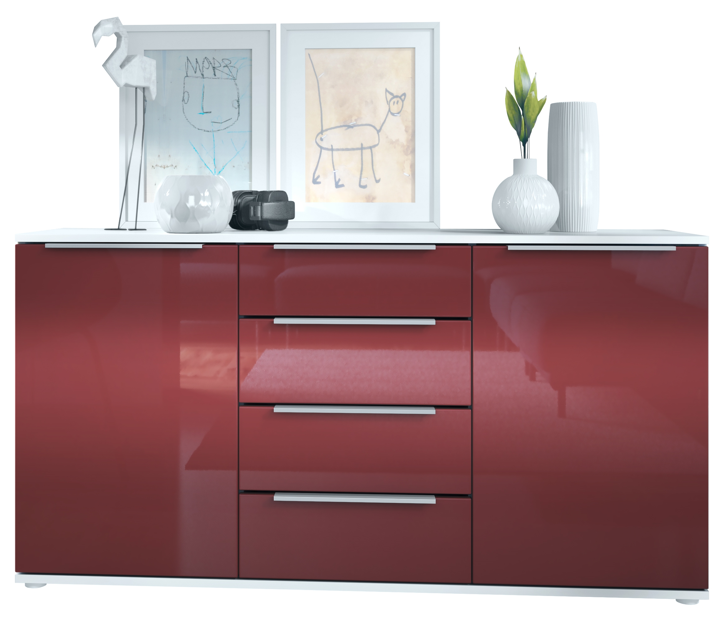 Linio V1 Sideboard  mit 2 Türen und 4 Schubladen Weiß matt/Bordeaux Hochglanz (139 x 72,5 x 35 cm)