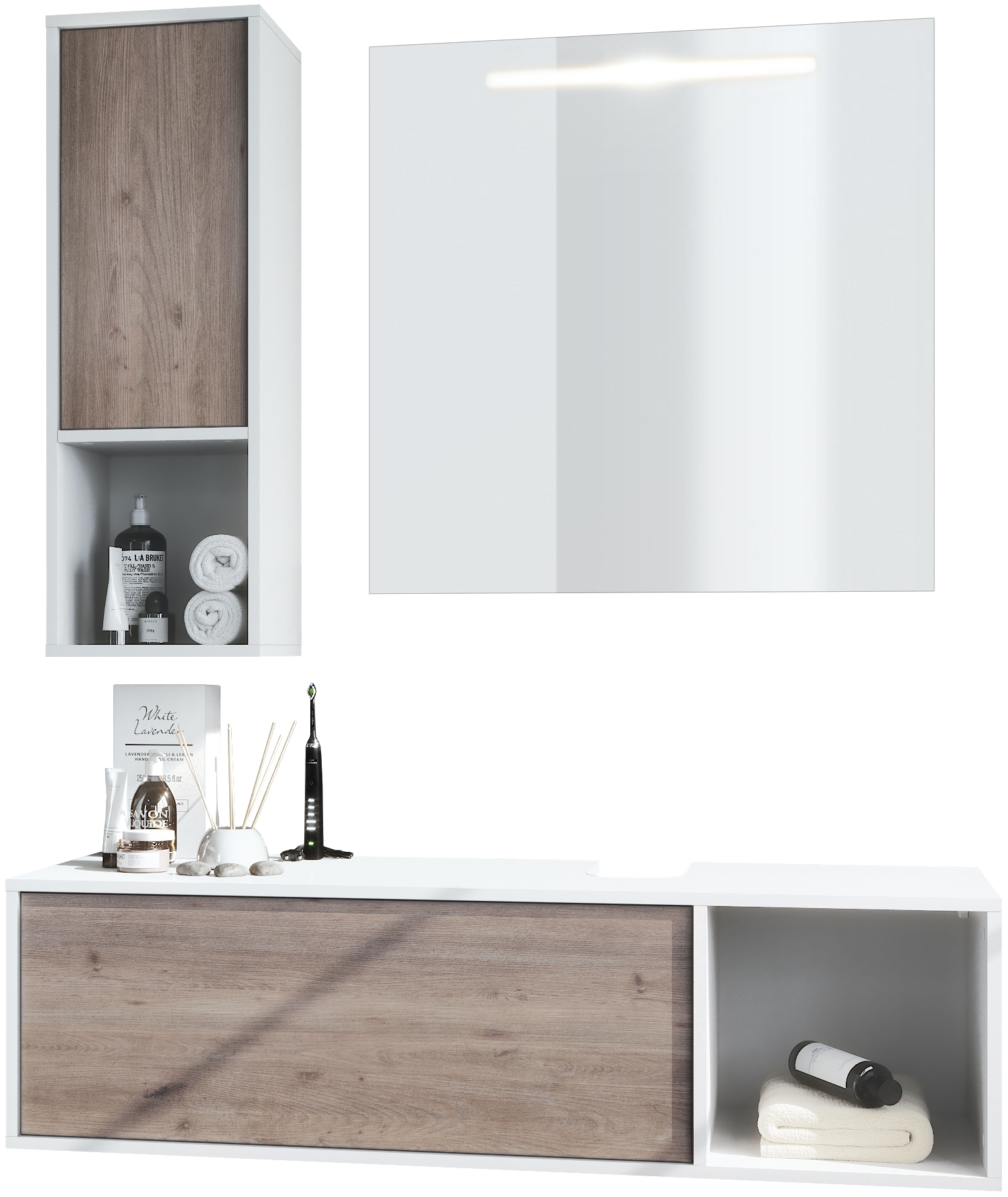 Badmöbel-Set La Costa 1 Unterschrank und 1 LED-Spiegel Korpus Weiß matt/Fronten Eiche Nordic (‎126,5 x 195 x 46 cm)