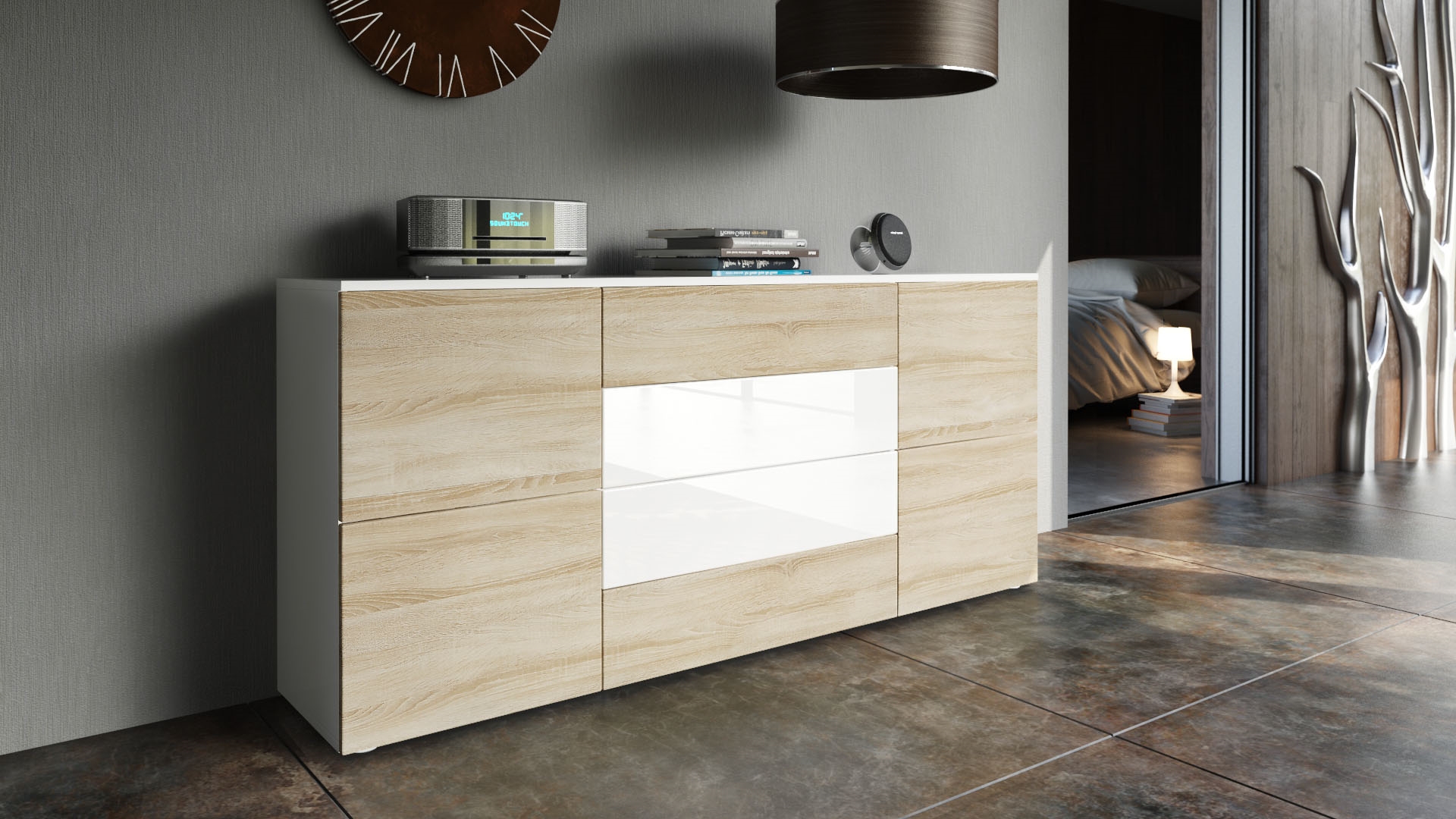 Sideboard Rova mit 4 Türen und 4 Schubladen Weiß matt/Eiche sägerau/Weiß Hochglanz (166 x 72 x 35 cm)