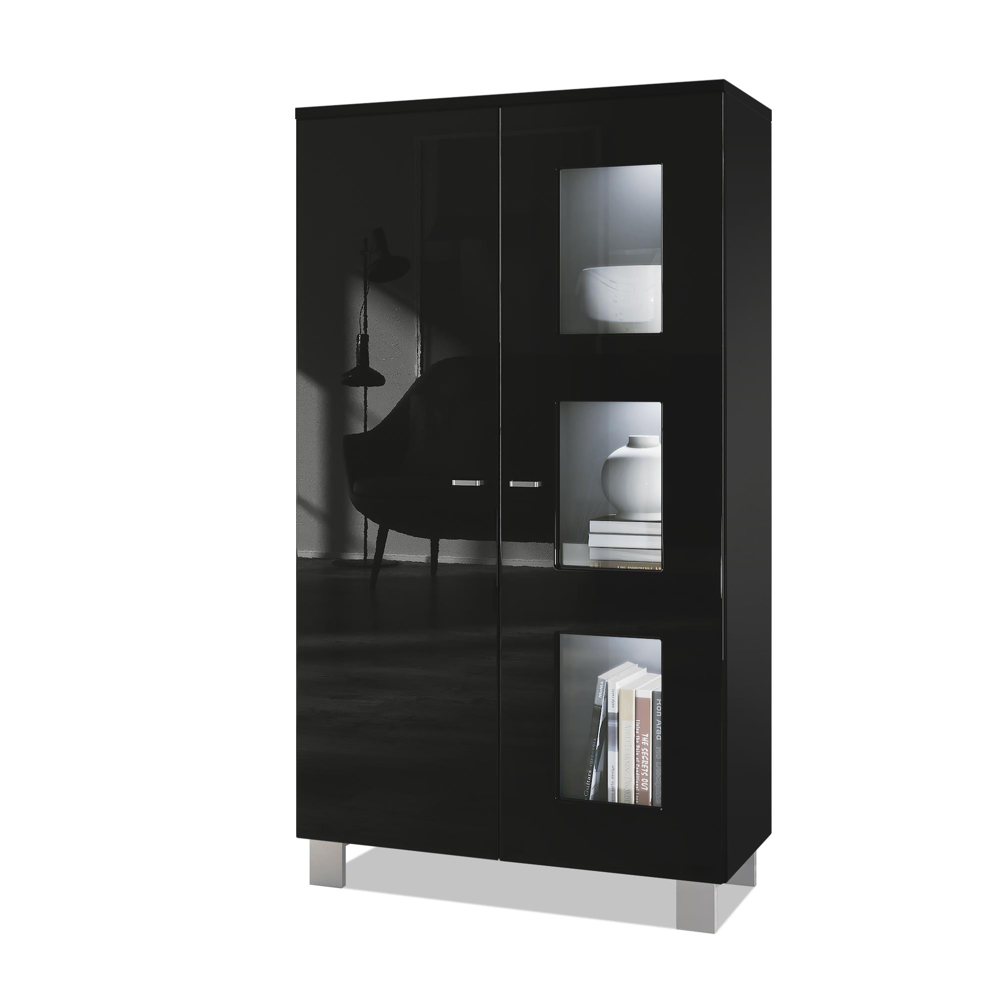 Vitrine Denjo  mit 2 Türen und 3 Glaseinsätzen Schwarz matt/Schwarz Hochglanz, inkl. LED-Beleuchtung (71x129x35 cm)
