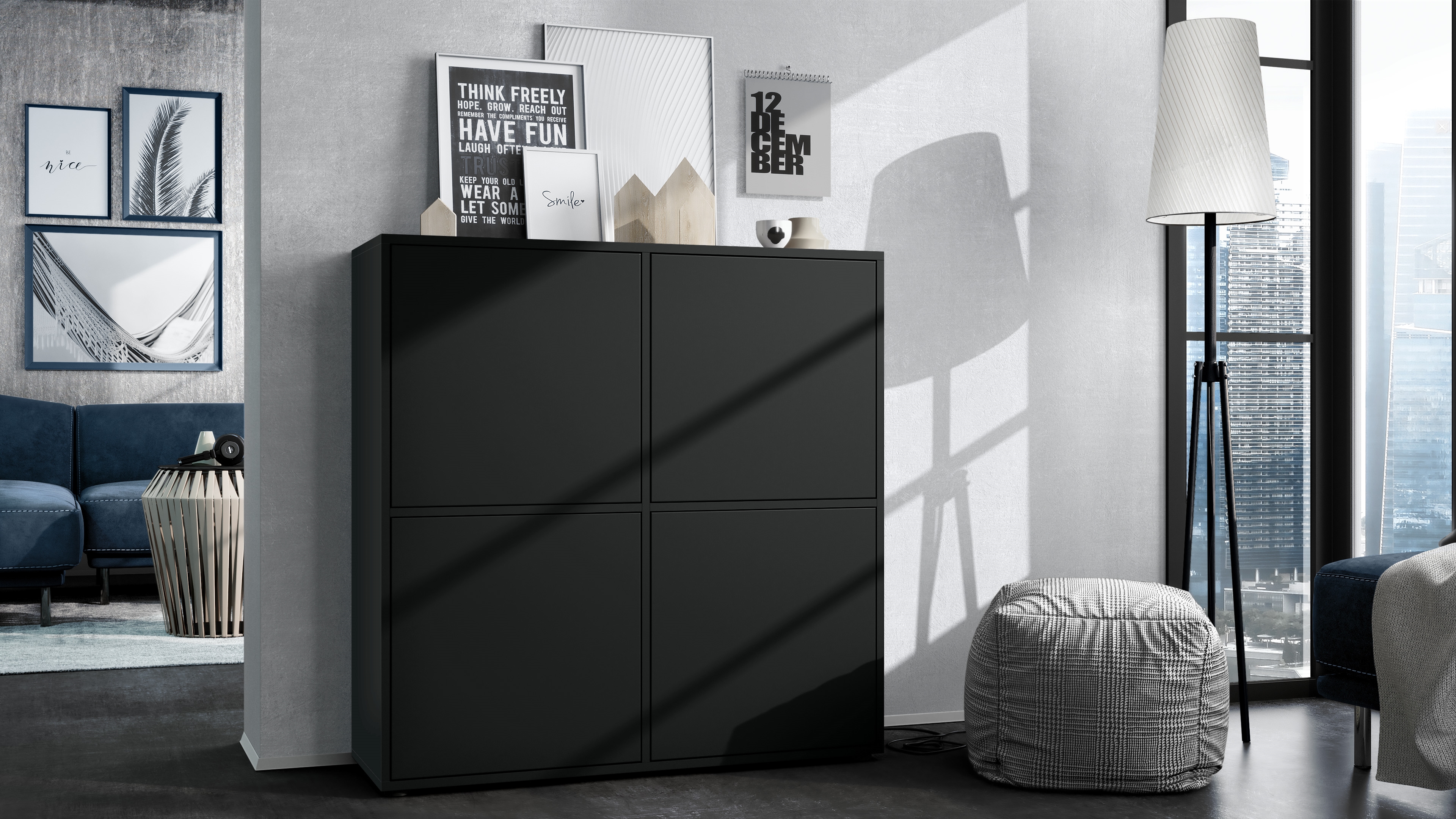 Highboard Cuba V2 Sideboard mit 4 Push-to-Open Türen, Made in Germany Schwarz matt / Schwarz matt (104 x 105,5 x 35,5 cm)