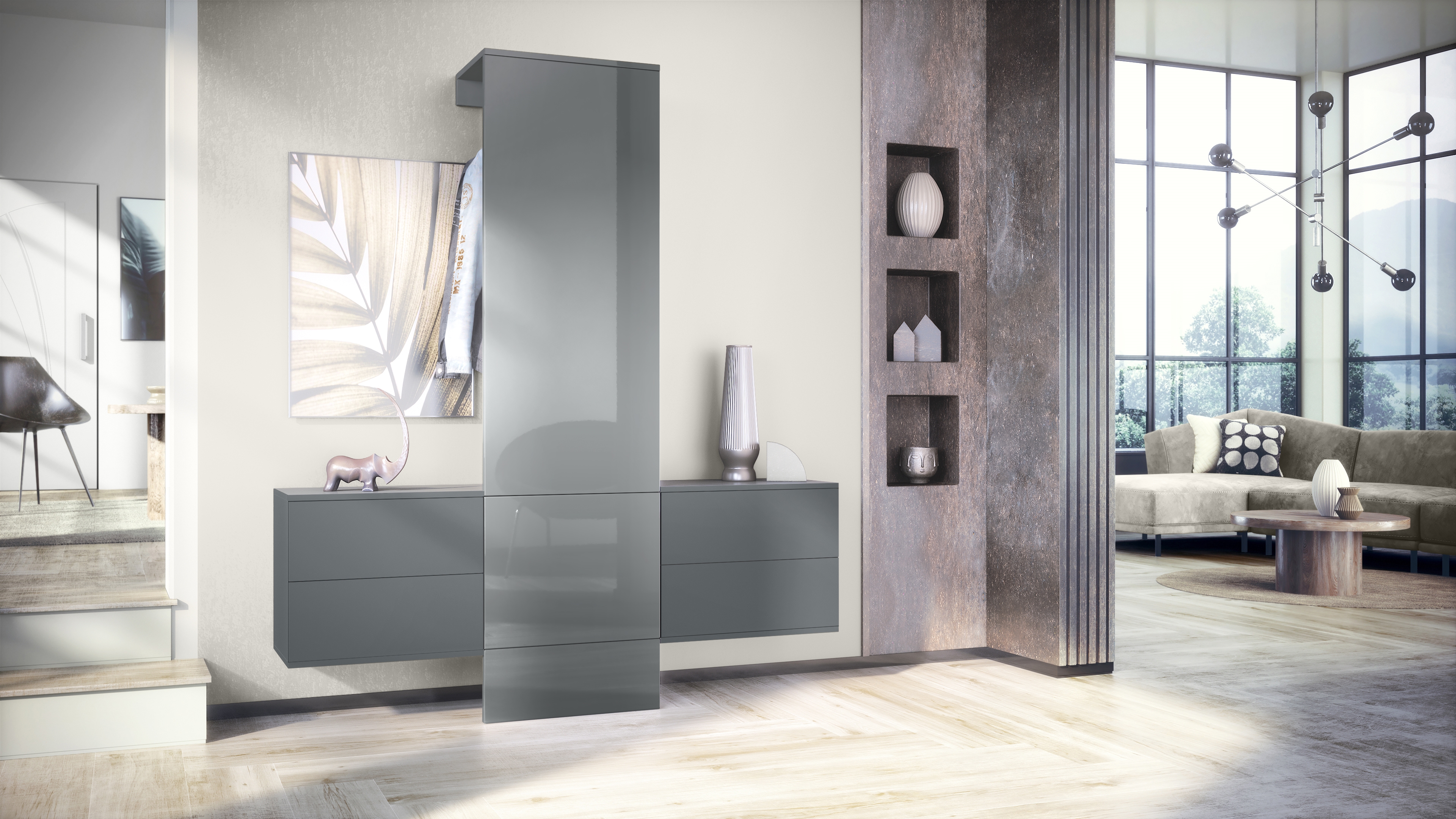 Garderobe Carlton Set 3 Anthrazit 4-tlg. 1 Paneel und 2 Schubkastenschränke Anthrazit matt/Grau Hochglanz (157 x 193 x 35 cm)