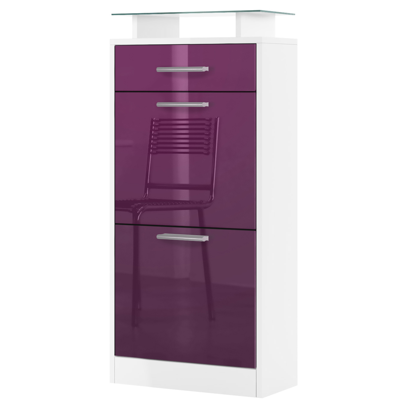 Schuhschrank Loret V2 mit 2 Klappen, 1 Schublade und Glasablage Weiß matt/Brombeer Hochglanz (46 x 104 x 23 cm)