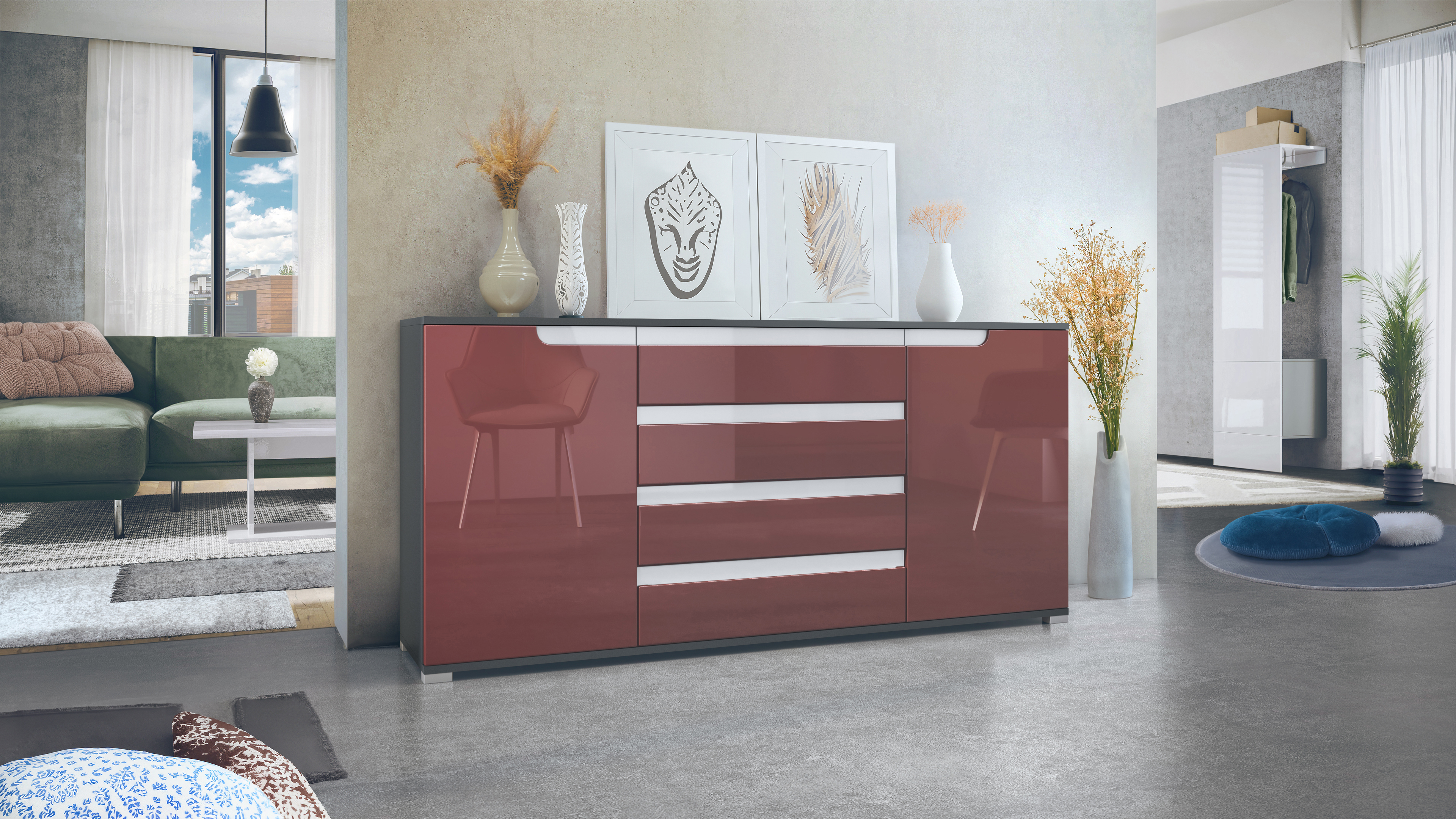 Sideboard Sylt V2 Anthrazit Korpus - Anthrazit matt / Front - Bordeaux Hochglanz / Absetzung - Weiß Hochglanz (166,5 x 75,5 x 35 cm)