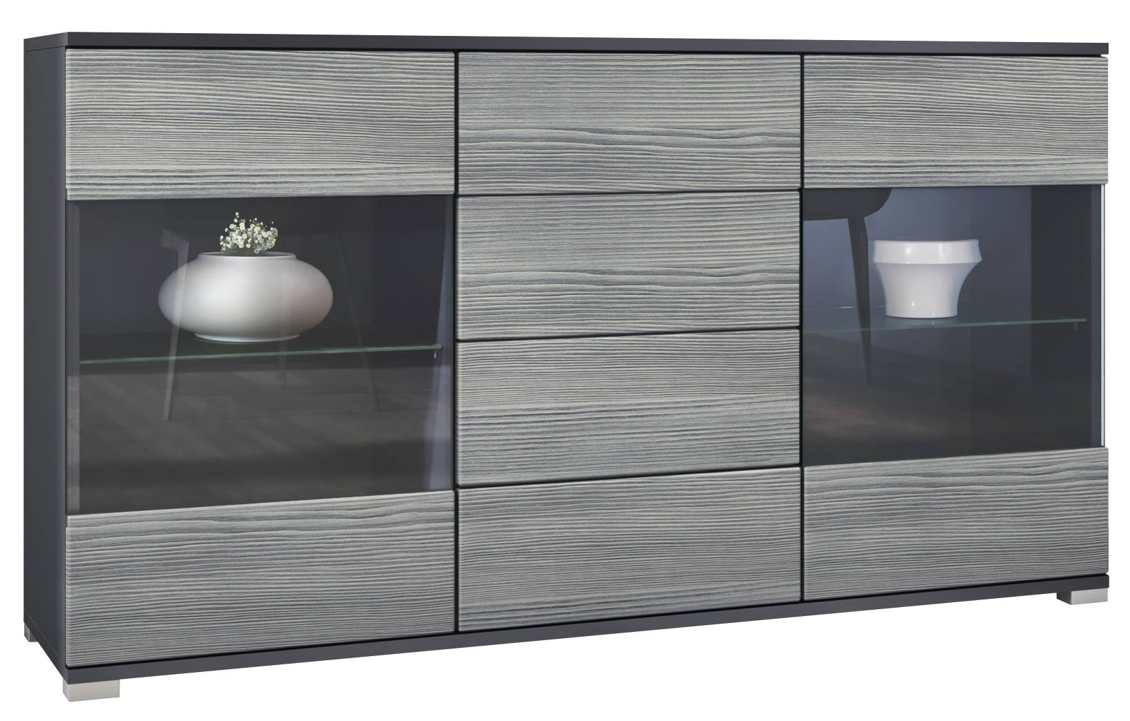 Sideboard Bari V1 Anthrazit 4 Schubladen und 2 flexible Glaseinlegeböden Anthrazit matt/Avola-Anthrazit (138,5 x 75,5 x 35)