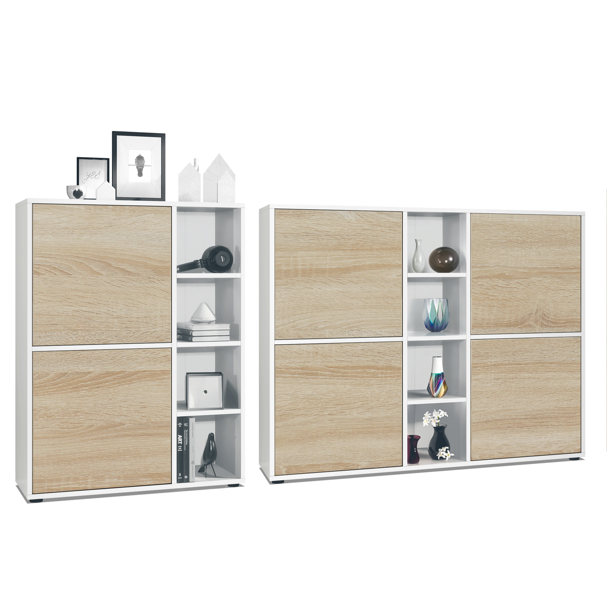 Wohnraum Set Miami bestehend aus 2 Highboards Weiß matt / Eiche sägerau