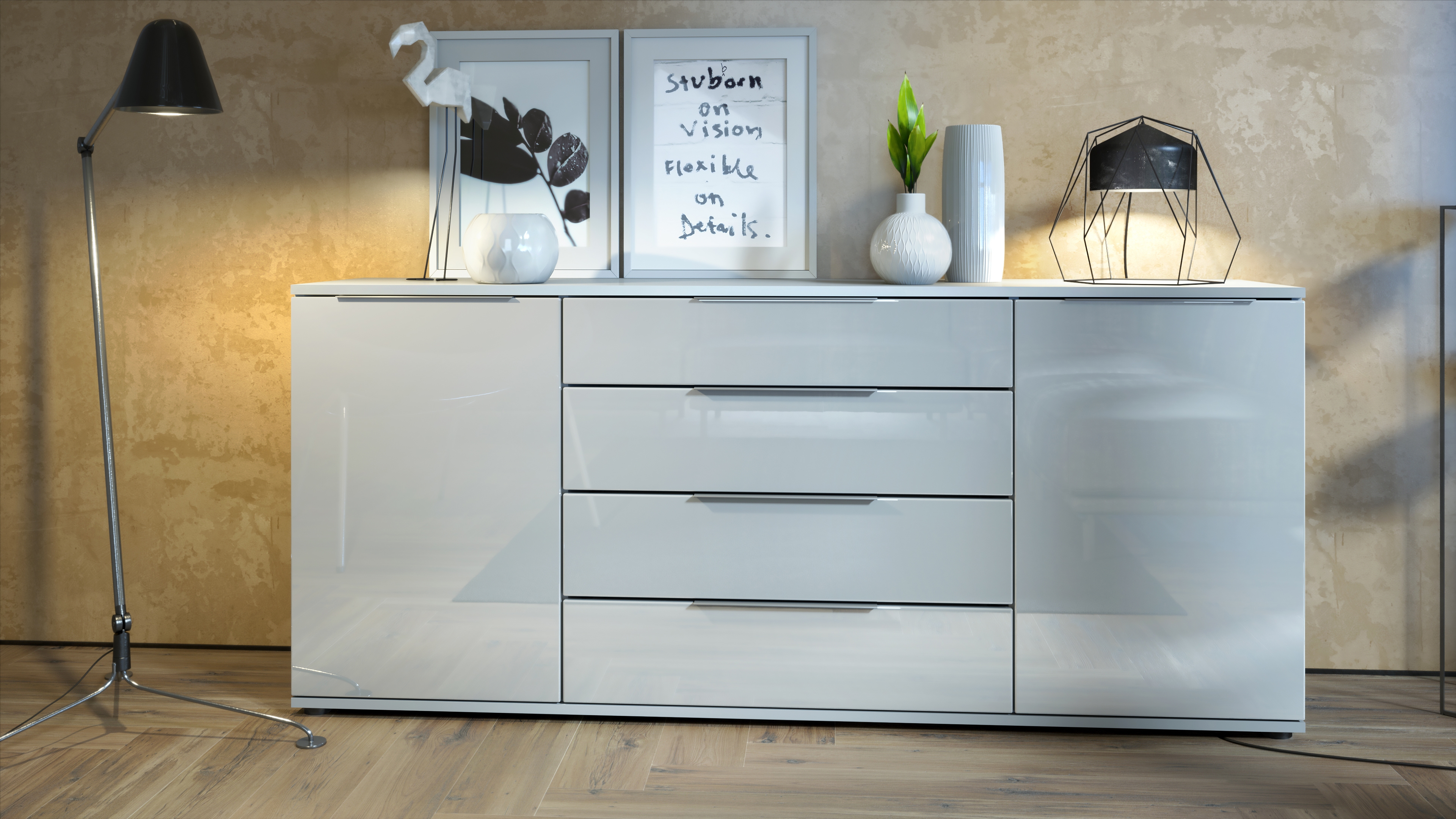 Linio V2 Sideboard mit 2 Türen und 4 Schubladen Weiß matt/Weiß Hochglanz (166,5 x 72,5 x 35 cm)