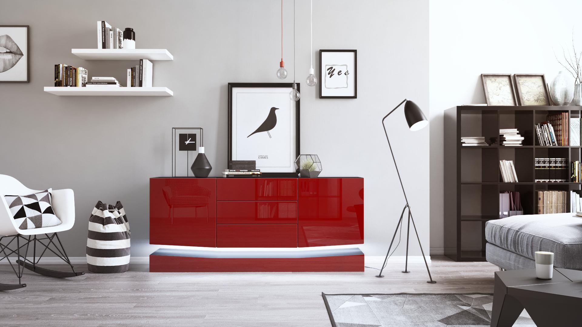 Sideboard City und 3 Schubladen inkl. LED-Beleuchtung,  Schwarz matt/Bordeaux Hochglanz (178 x 72 x 38 cm)