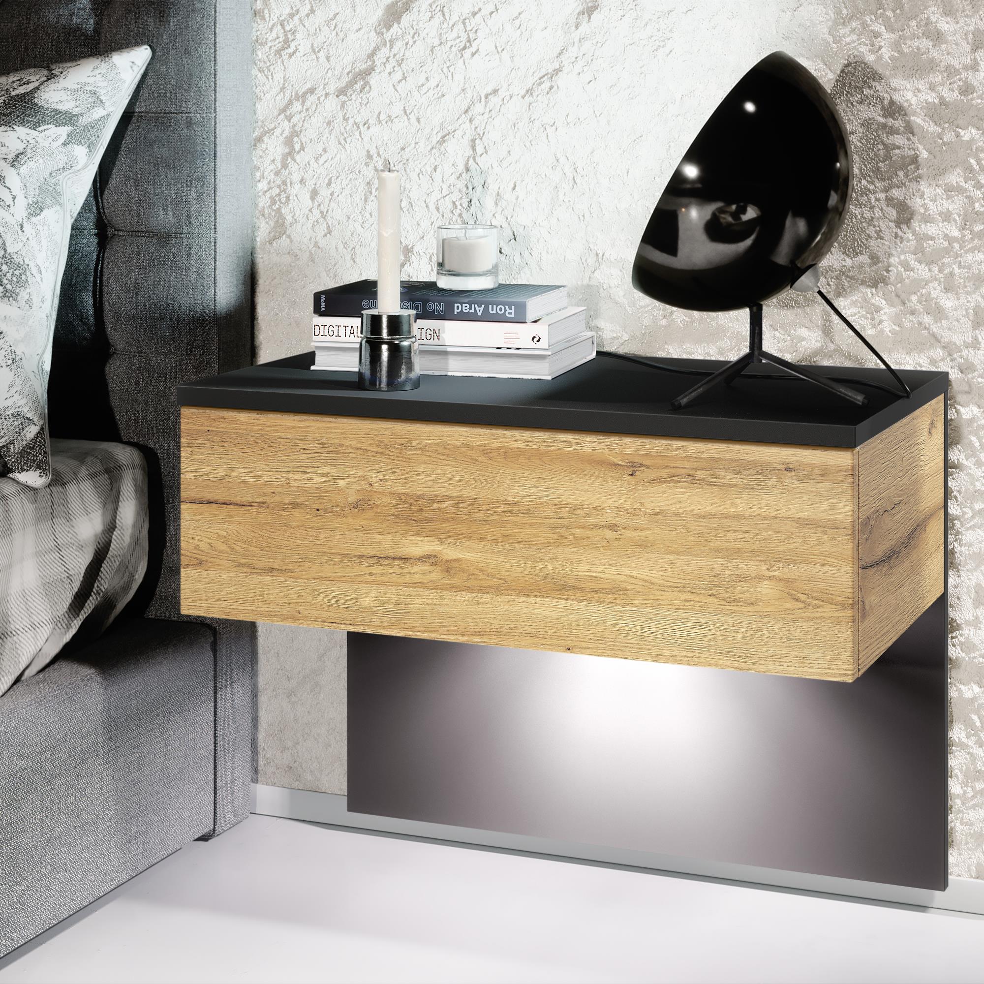 Nachttisch Sleep mit Schublade zur Wandmontage Schwarz matt/Eiche Natur (60 x 46 x 35 cm)