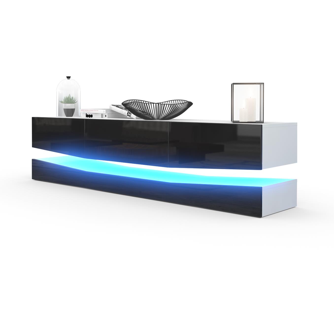 Lowboard City 1 offenem Fach und 3 Schubkästen Weiß matt/Schwarz glänzend, inkl. LED-Beleuchtung (178xvariabelx39 cm)