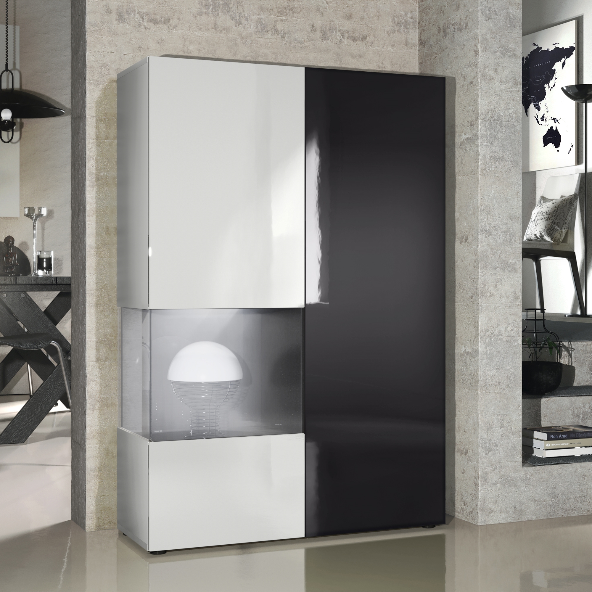 Vitrine Morena  mit 2 Türen dahinter ingesamt 7 Fächer Weiß matt/Weiß Hochglanz/Schwarz Hochglanz (92 x 135 x 37 cm)