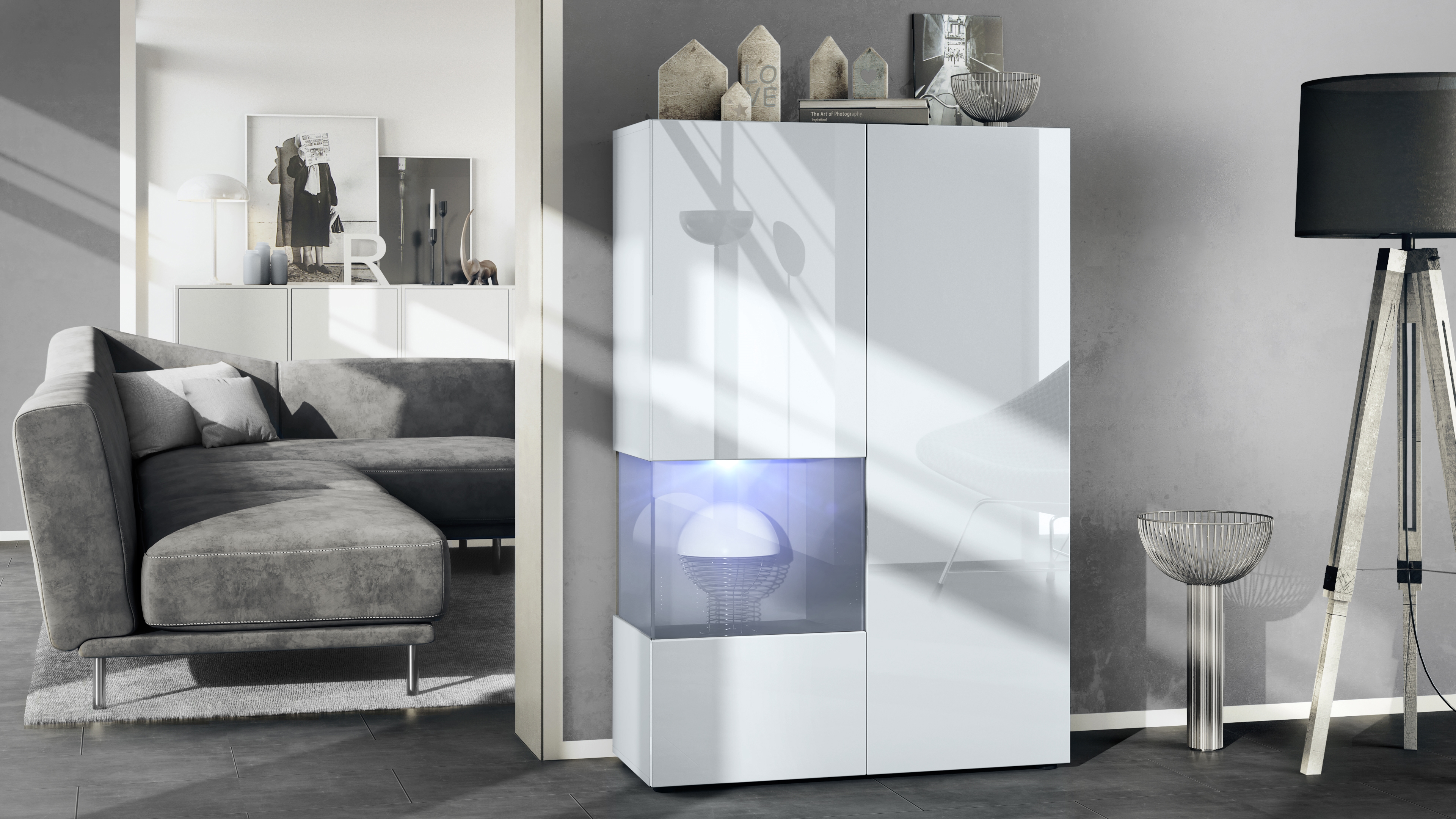 Vitrine Morena V2 mit 2 Türen und Glaseinsatz inkl. LED-Beleuchtung Weiß matt/Weiß Hochglanz/Grau Hochglanz (91,5 x 136,5 x 37 cm)