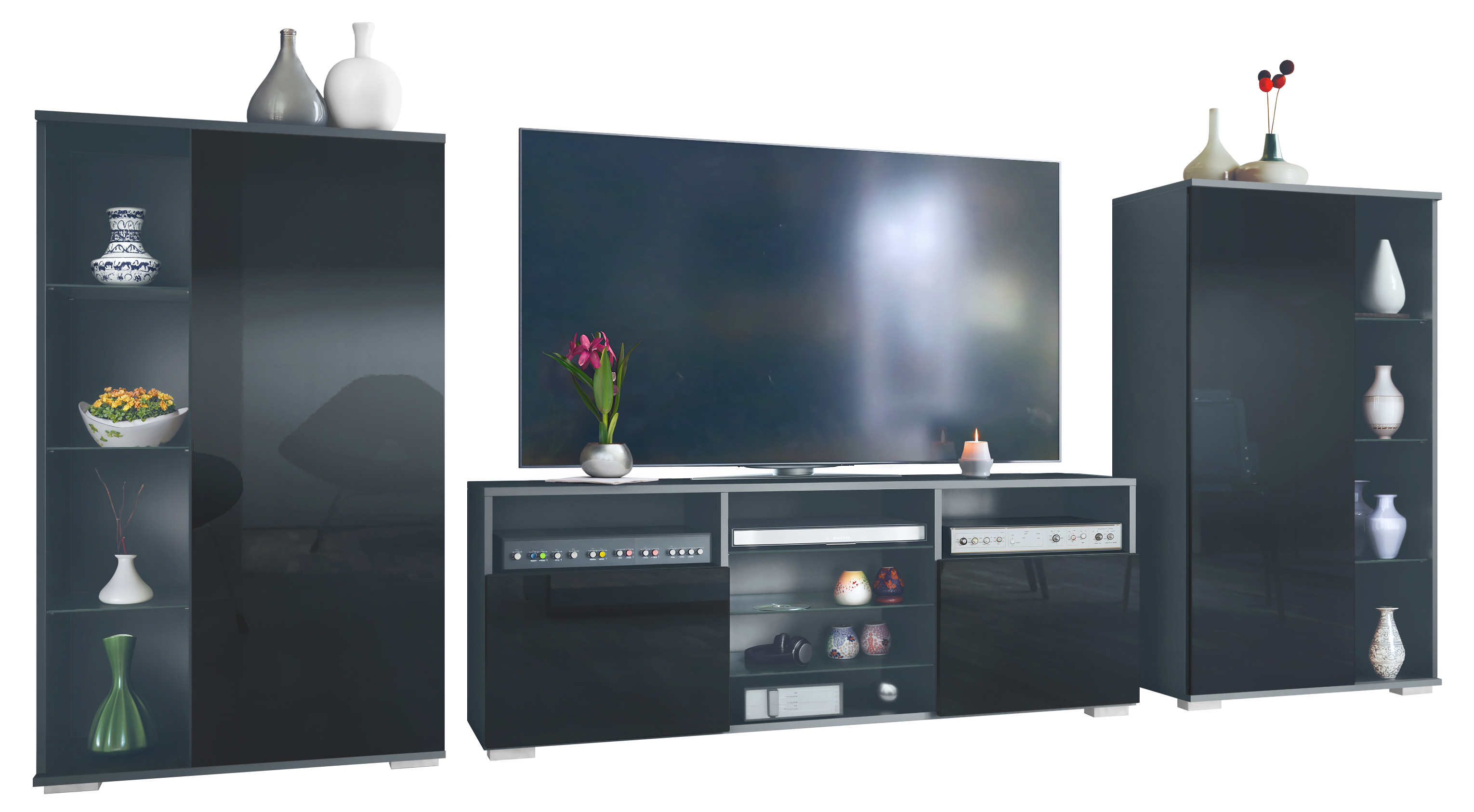 Wohnwand Davos 3-tlg. bestehend aus 2 Vitrinen und 1 TV-Board Anthrazit matt/Schwarz Hochglanz (329 x 134 x 35 cm)