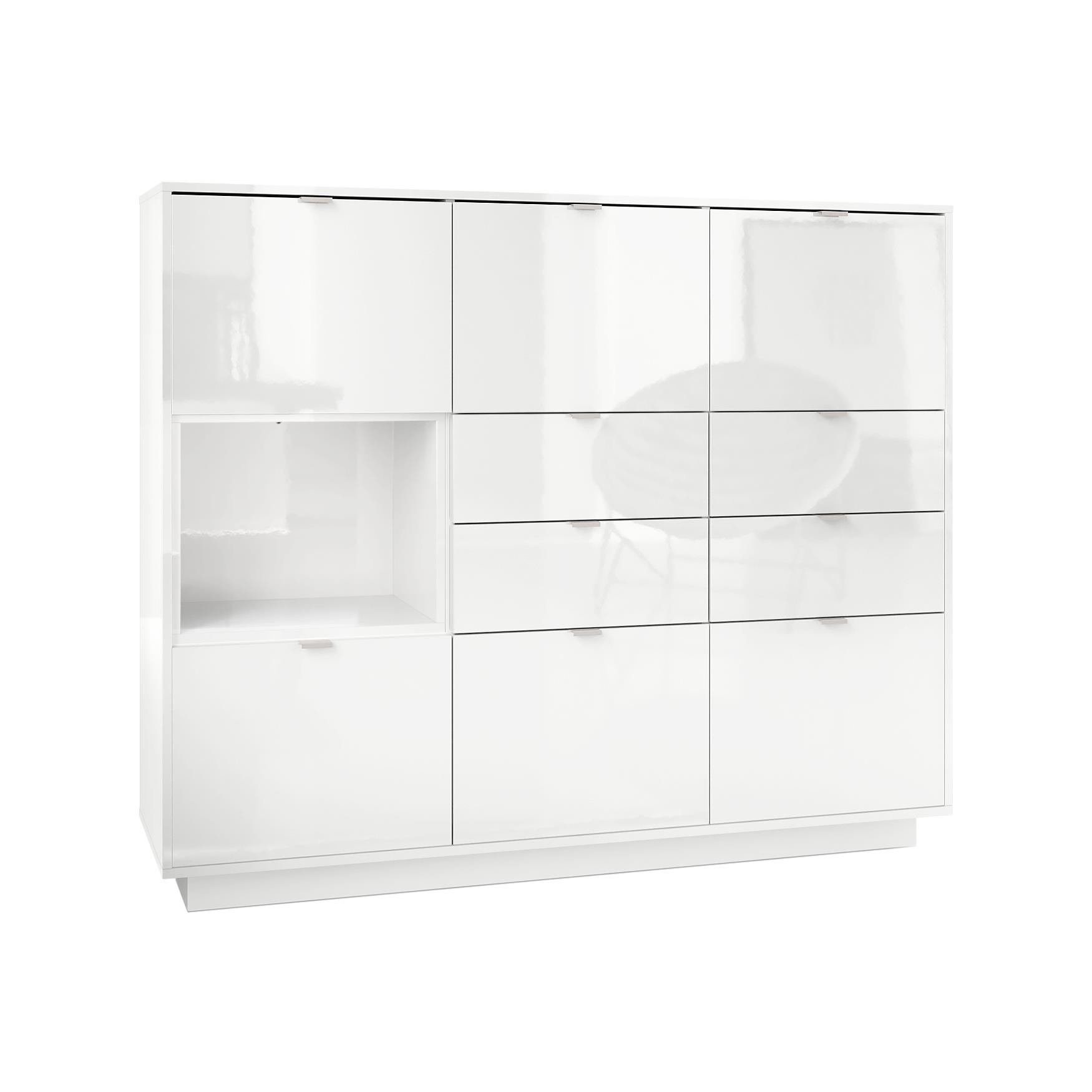 Highboard Metro V2  mit 6 Türen, 4 Schubladen und 1 offenem Fach Weiß Hochglanz (153 x 123 x 38 cm)