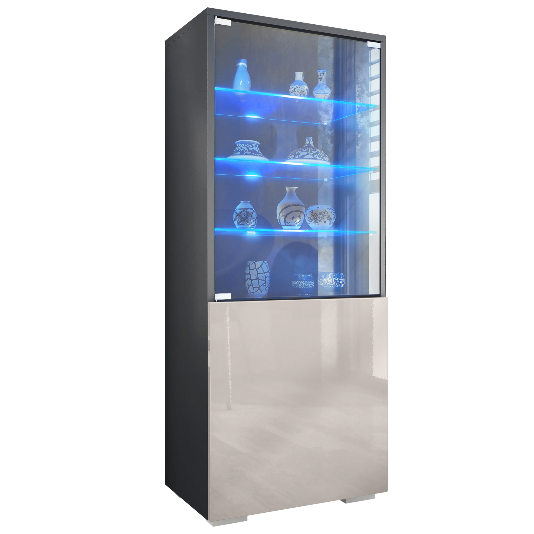 Granada Vitrine Anthrazit mit LED mit Glastür und Glaseinsatz inkl. LED Anthrazit matt/Sandgrau Hochglanz (50 x 122,5 x 34,5 cm)