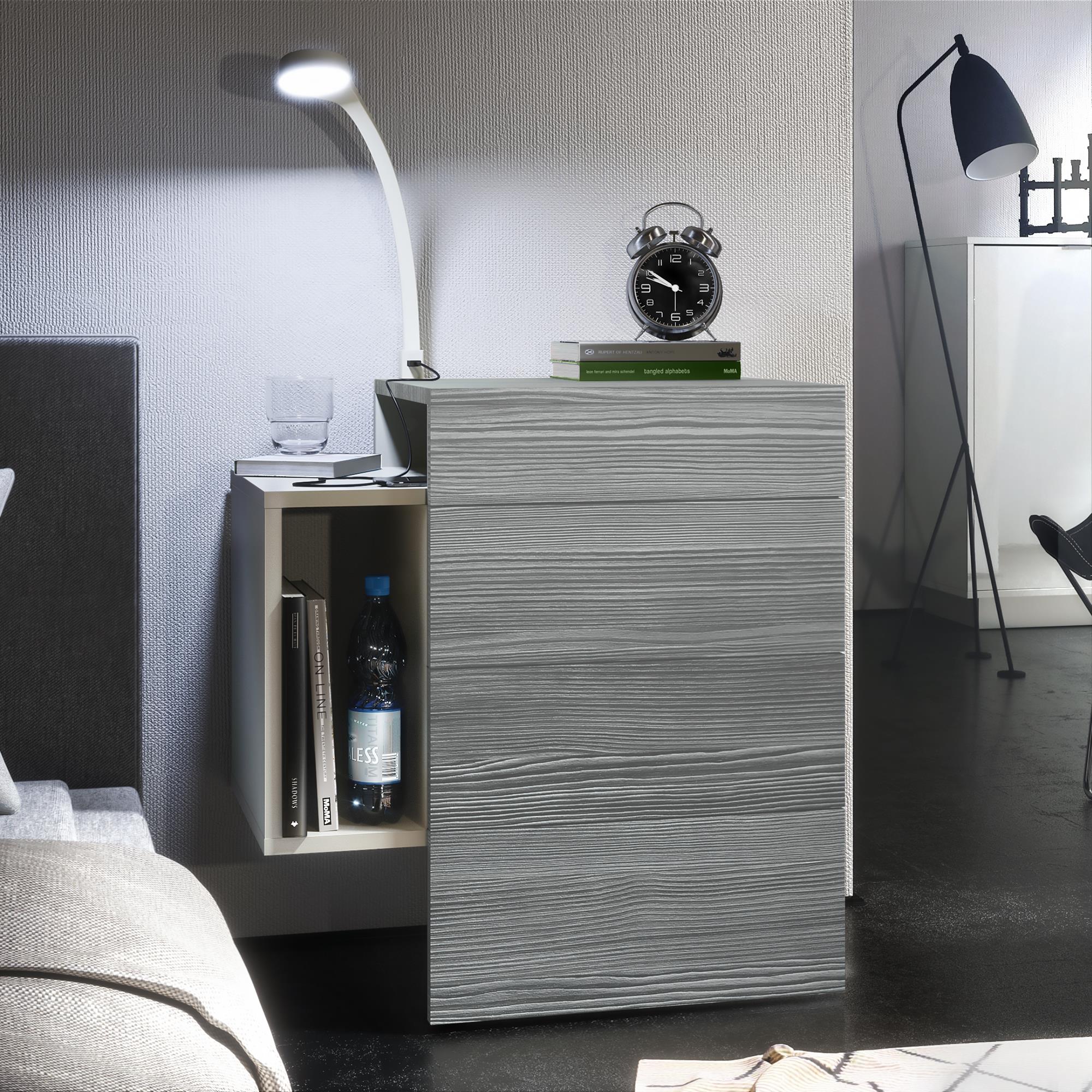 Nachttisch Queens und 1 seitlichem Fach zur Wandmontage Weiß matt/Avola-Anthrazit inkl. LED Flexi Lampe (60 x 63 x 36 cm)