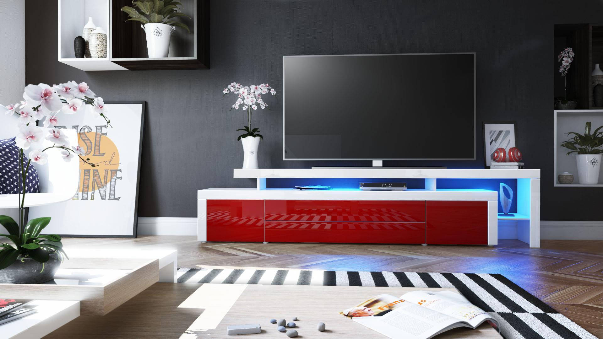 Lowboard Leon V3 mit zwei Türen, zwei Schubkästen und einem modernen Überbau inkl. LED Bordeaux Hochglanz/Weiß Hochglanz (227 x 52 x 35 cm)