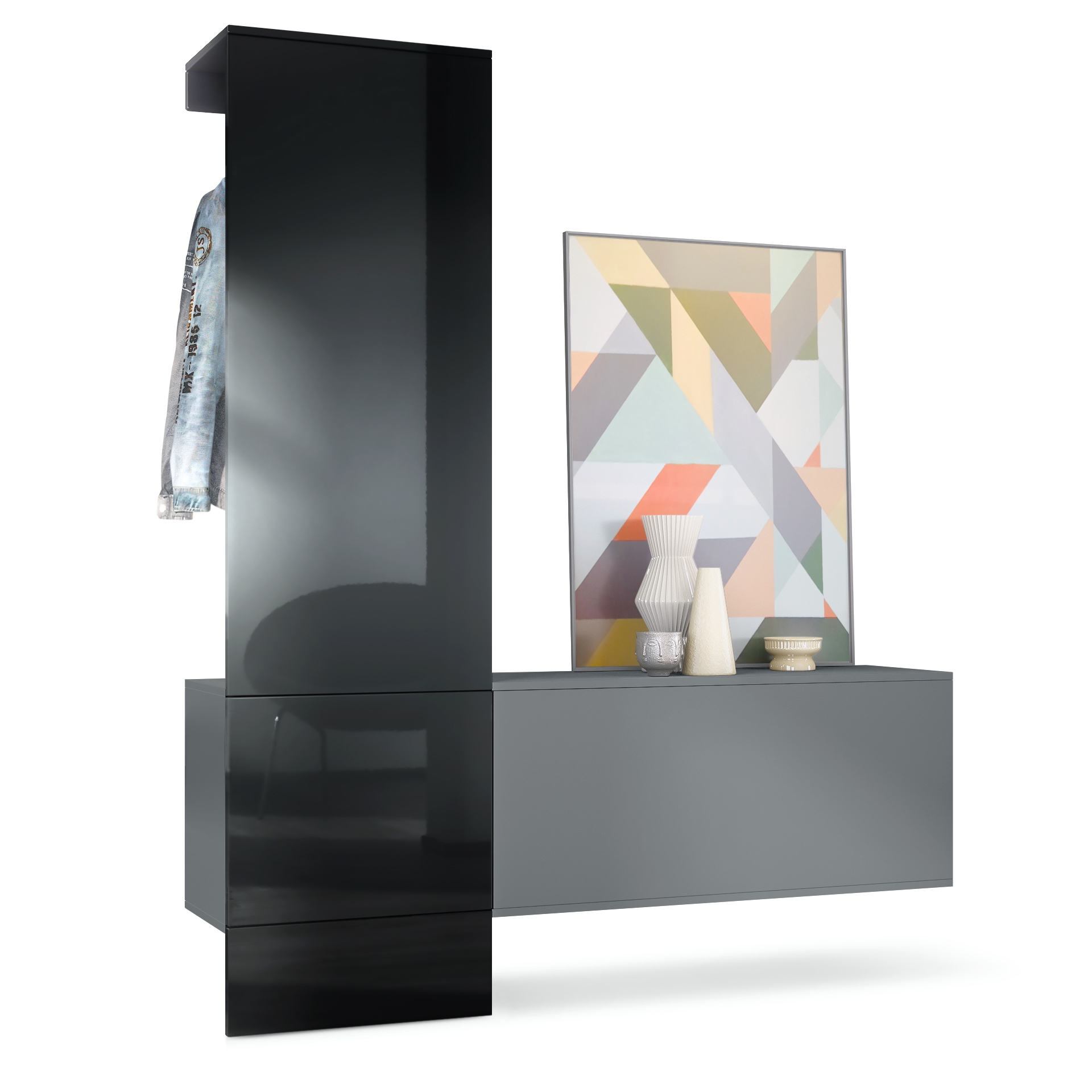 Garderobe Carlton Set 4 Anthrazit 3-tlg. 1 Paneel und 1 Schrankmodul Anthrazit matt/Schwarz Hochglanz (156,5 x 193 x 35 cm)