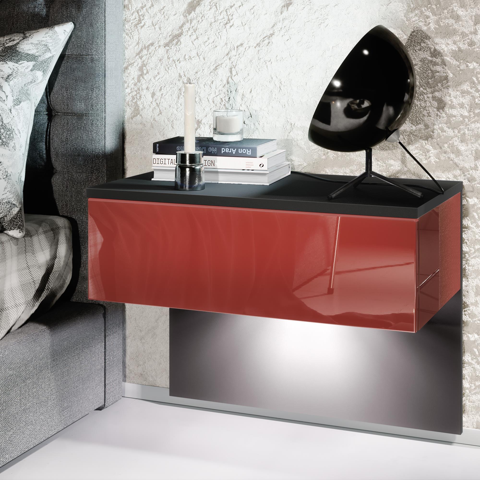 Nachttisch Sleep mit Schublade zur Wandmontage Schwarz matt/Bordeaux Hochglanz (60 x 46 x 35 cm)