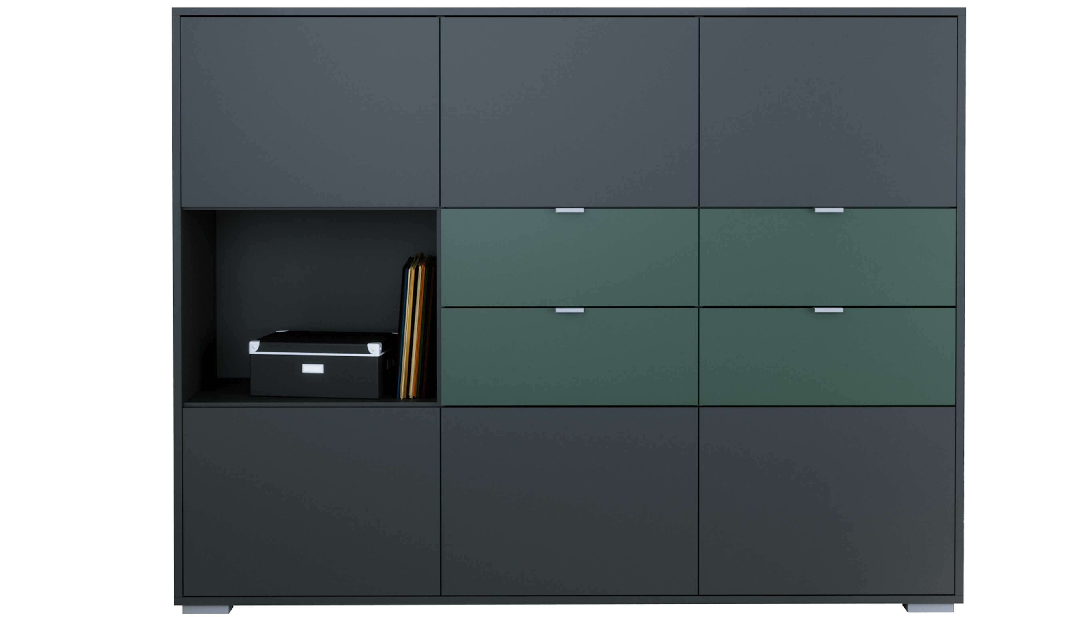 Highboard Milano V2 4 Schubladen Fjord Grün, Made in Germany Korpus Anthrazit matt (152,5 x 118 x 37 cm)

